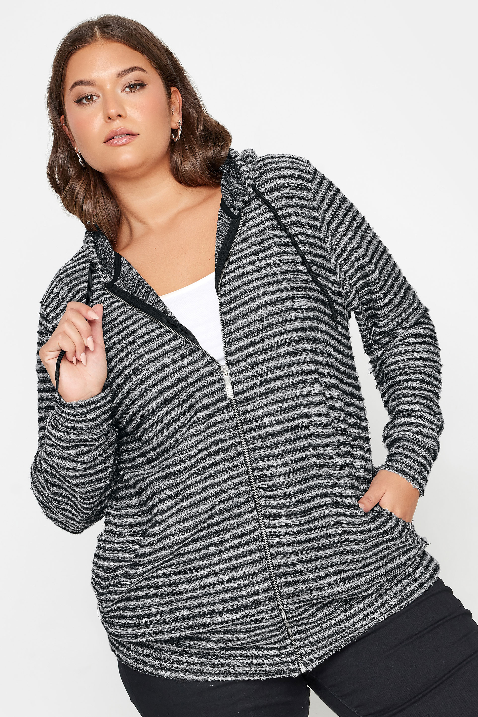 YOURS Plus Size Black & White Textured Knit Zip Up Hoodie | Yours Clothing