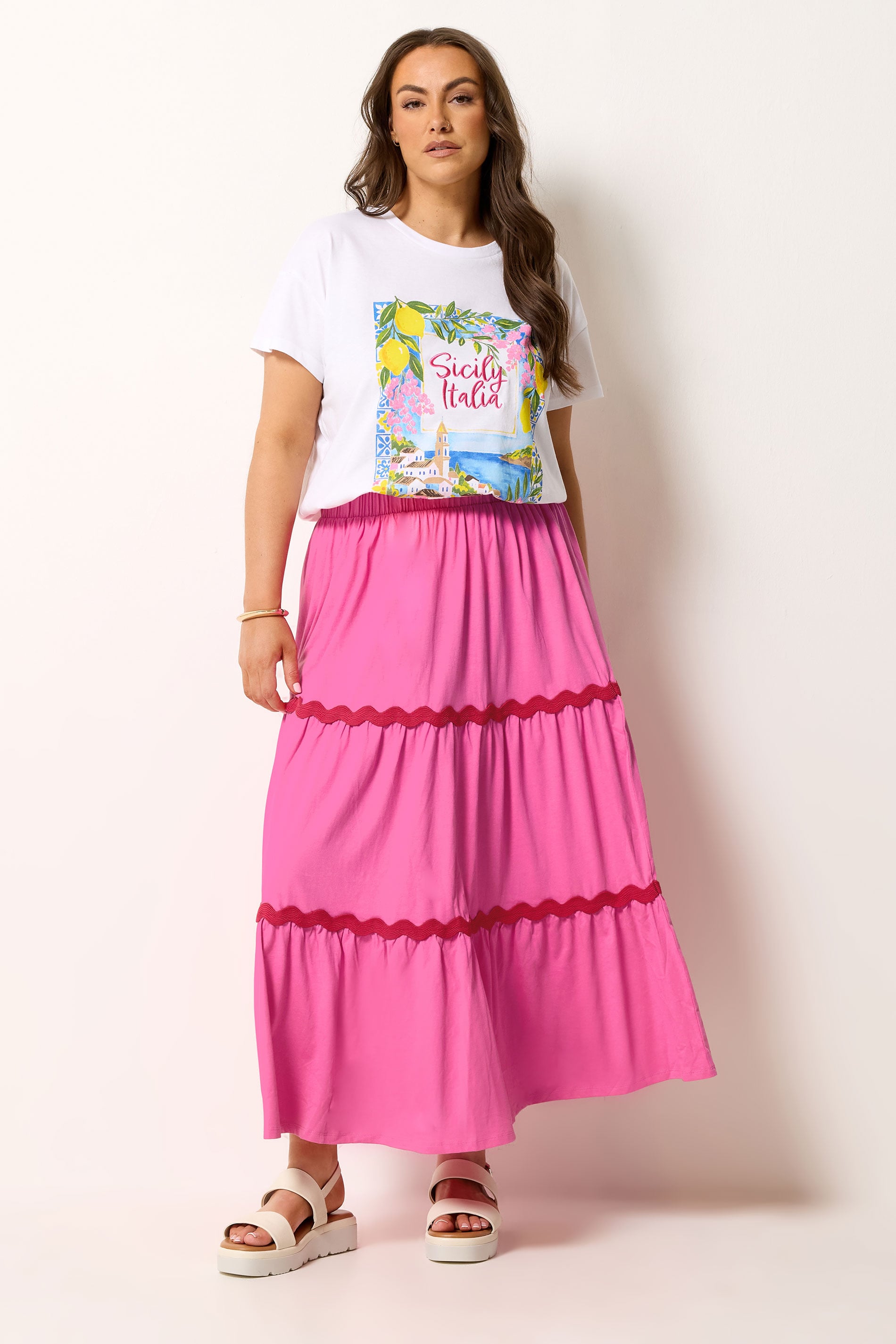 YOURS Plus Size Pink Contrast Swirl Maxi Skirt | Yours Clothing 1