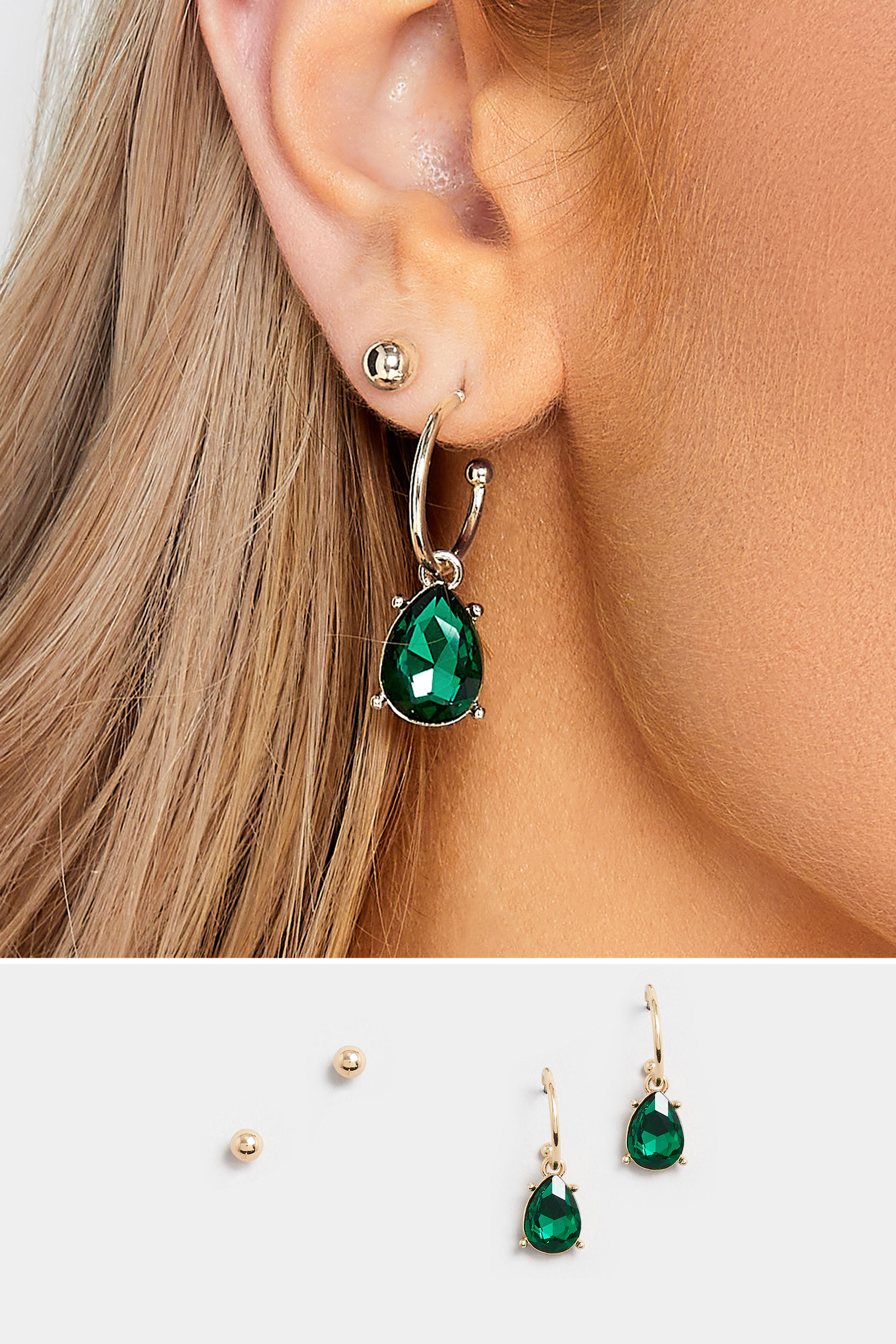 2 PACK Gold Tone & Emerald Green Charm Hoop & Stud Earring Set | Yours Clothing 1