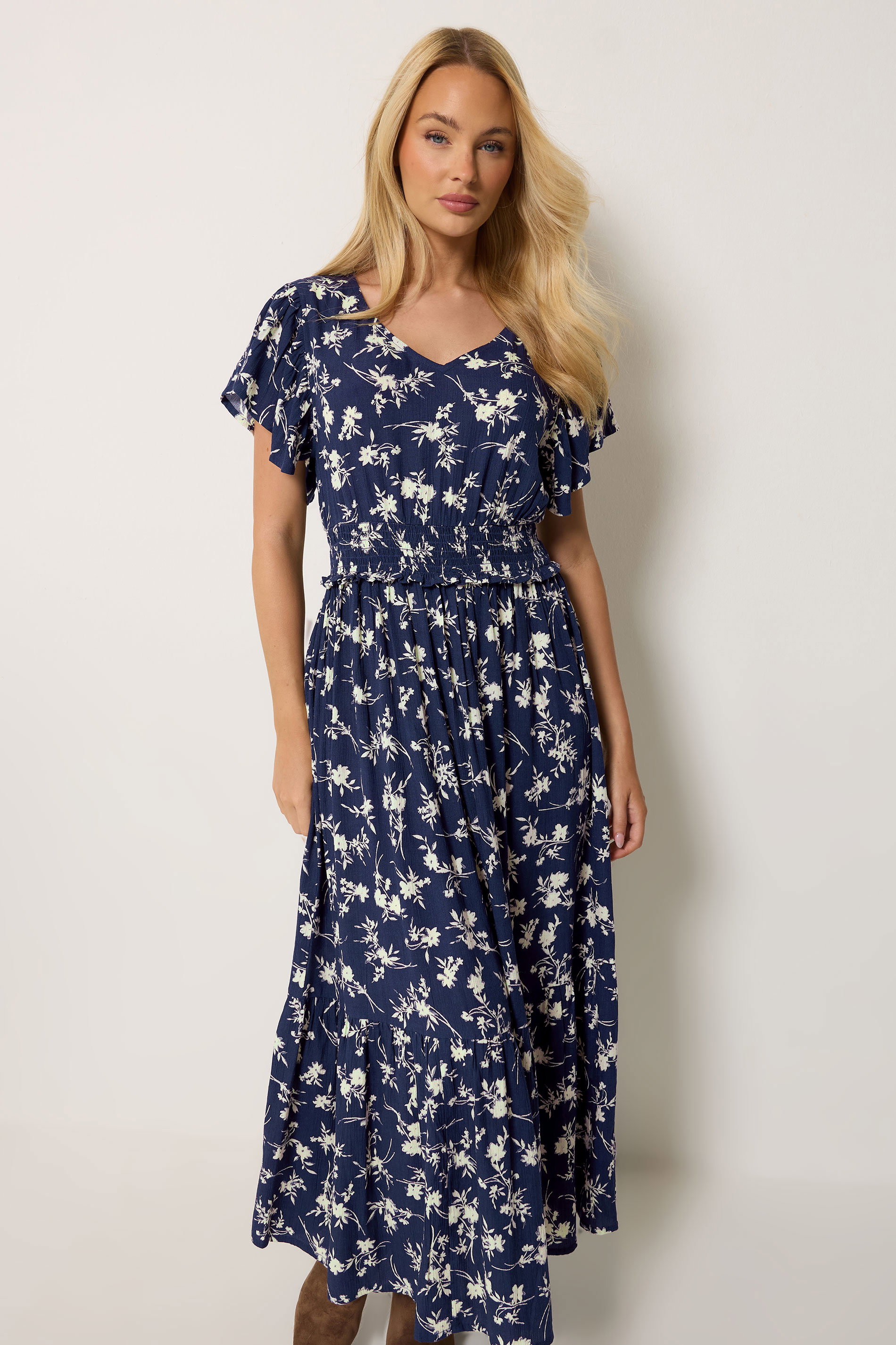 M&Co Navy Blue Floral Print Shirred Waist Maxi Dress | M&Co 1