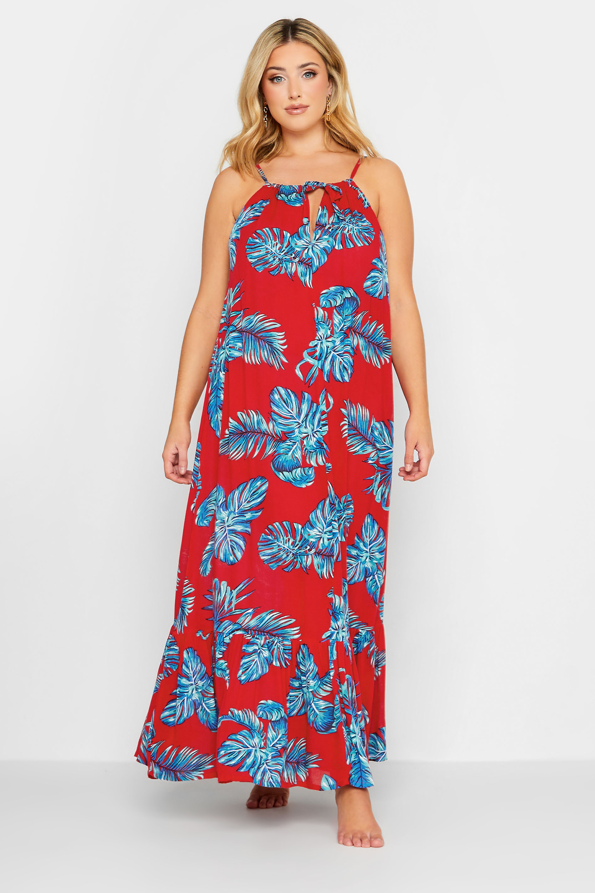 YOURS Curve Plus Size Red Tropical Print Tiered Beach Dress | Yours Clothing  2