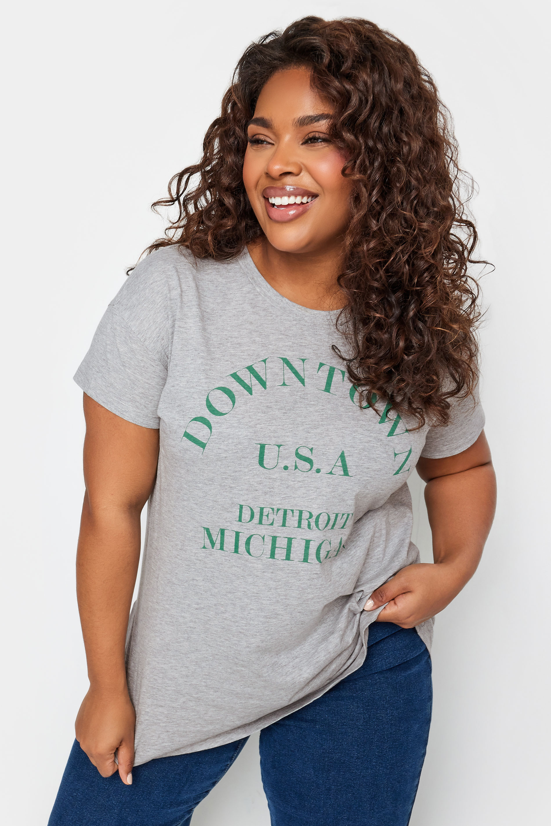 YOURS Plus Size Grey Marl 'Downtown' Slogan Print T-Shirt | Yours Clothing 1
