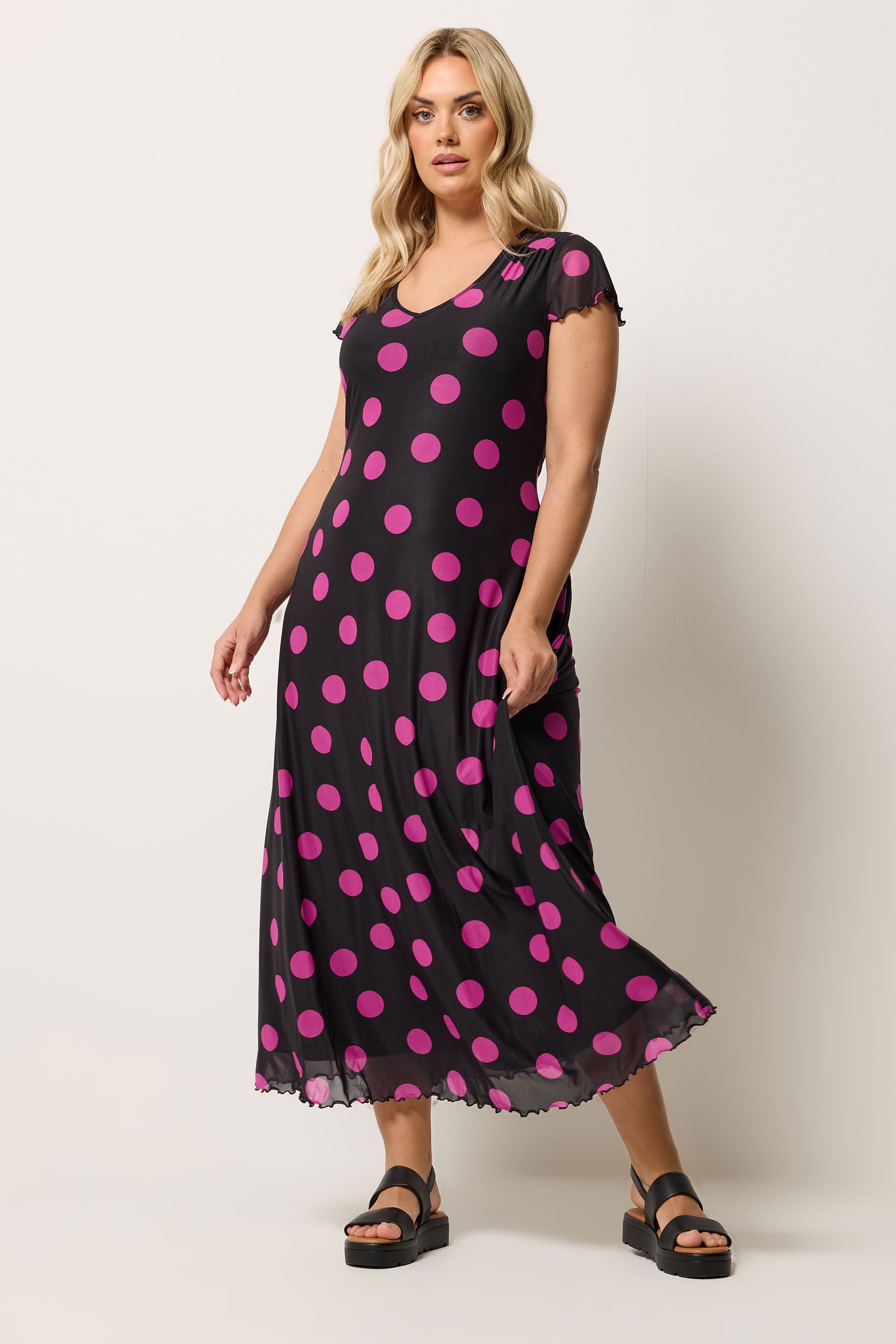 YOURS Plus Size Black & Pink Polka Dot Mesh Maxi Dress | Yours Clothing 3