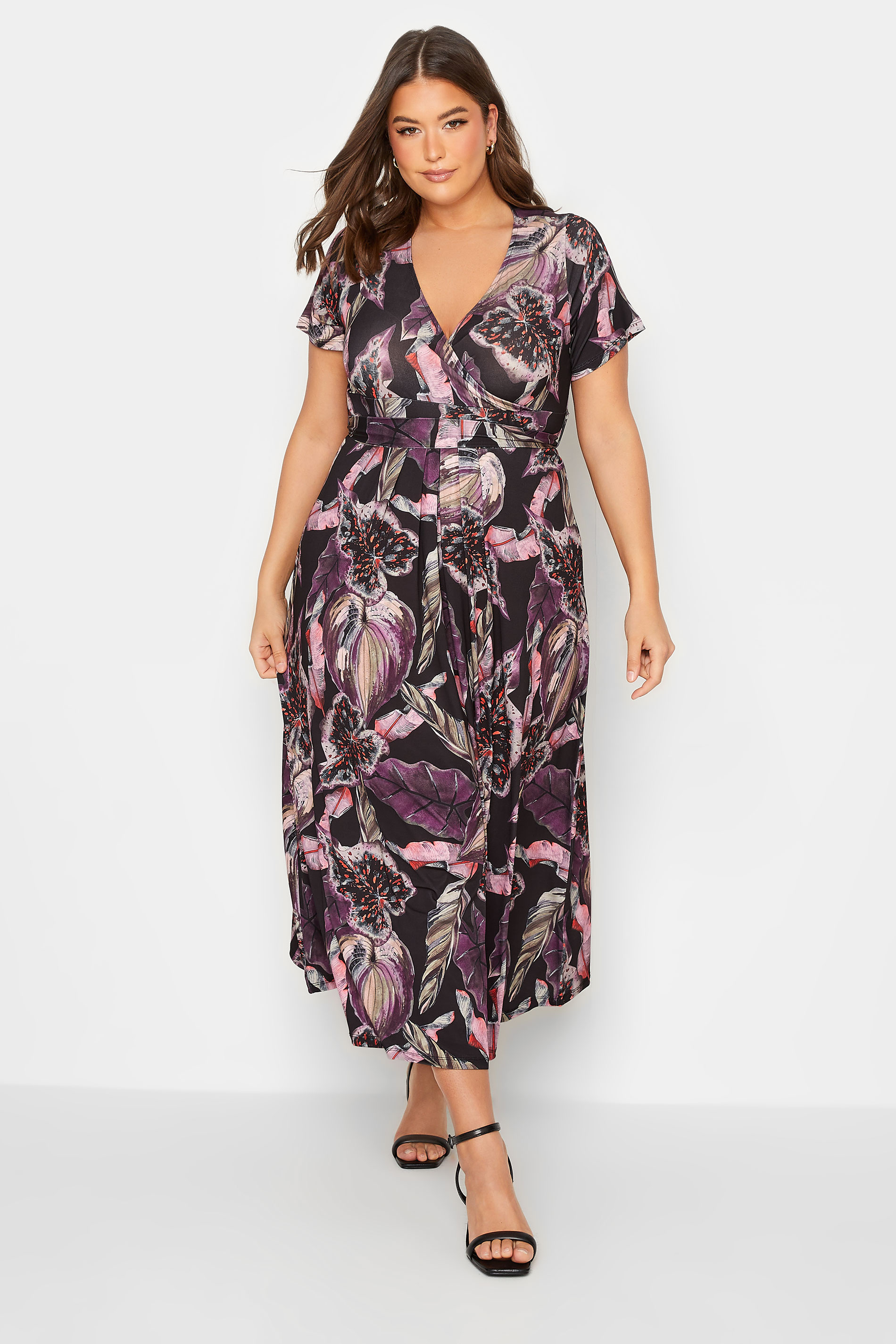 YOURS Curve Plus Size Black Leaf Print Wrap Dress | Yours Clothing  1