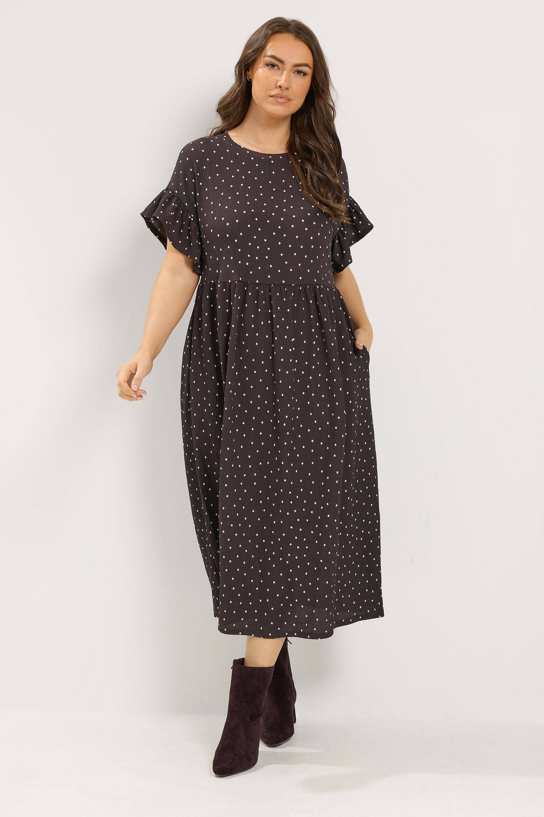 YOURS Plus Size Chocolate Brown Polka Dot Frill Sleeve Midi Dress | Yours Clothing 3