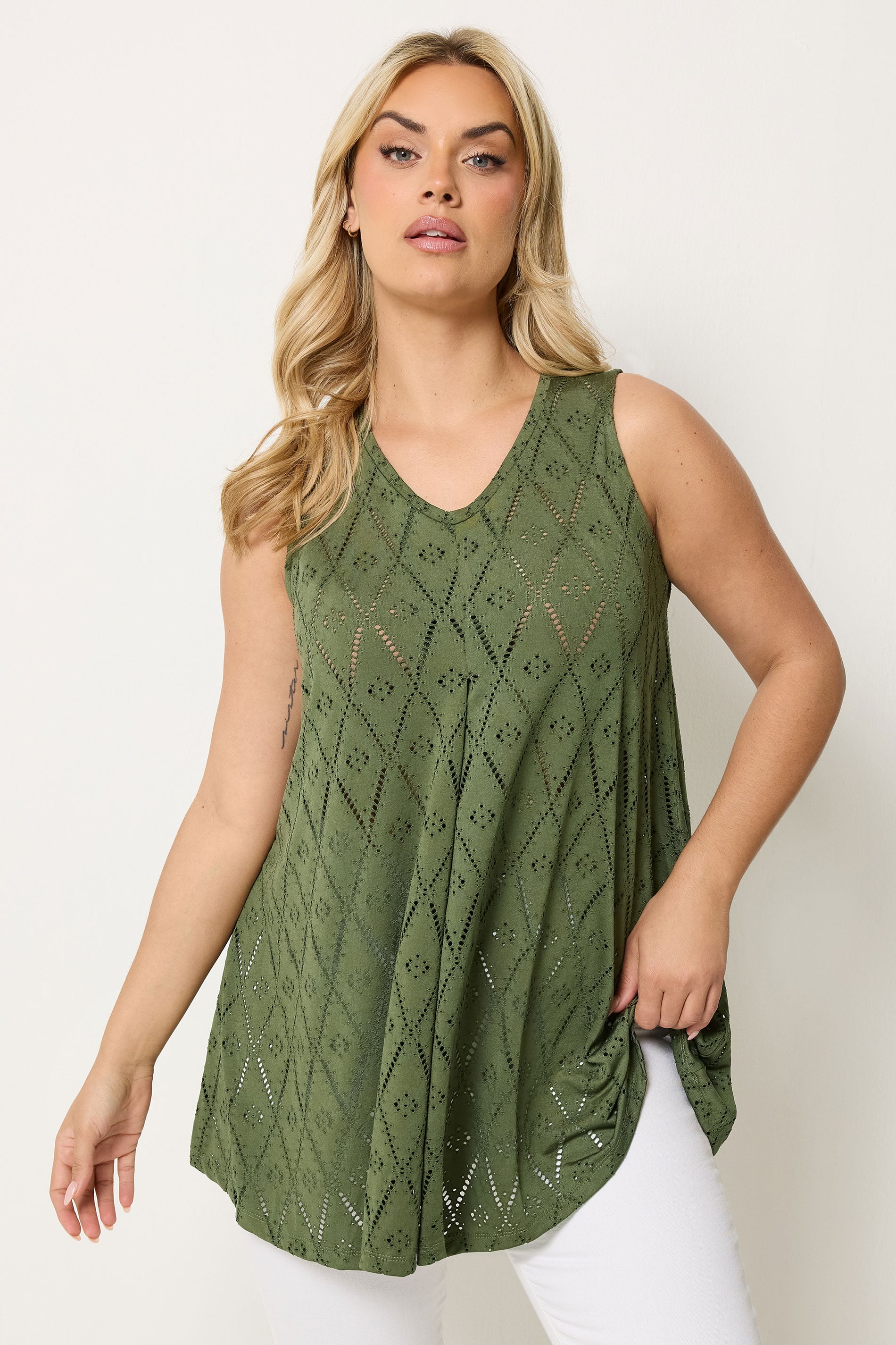 YOURSET 2 PACK Plus Size Black & Green Pointelle Vest Top | Yours Clothing 1