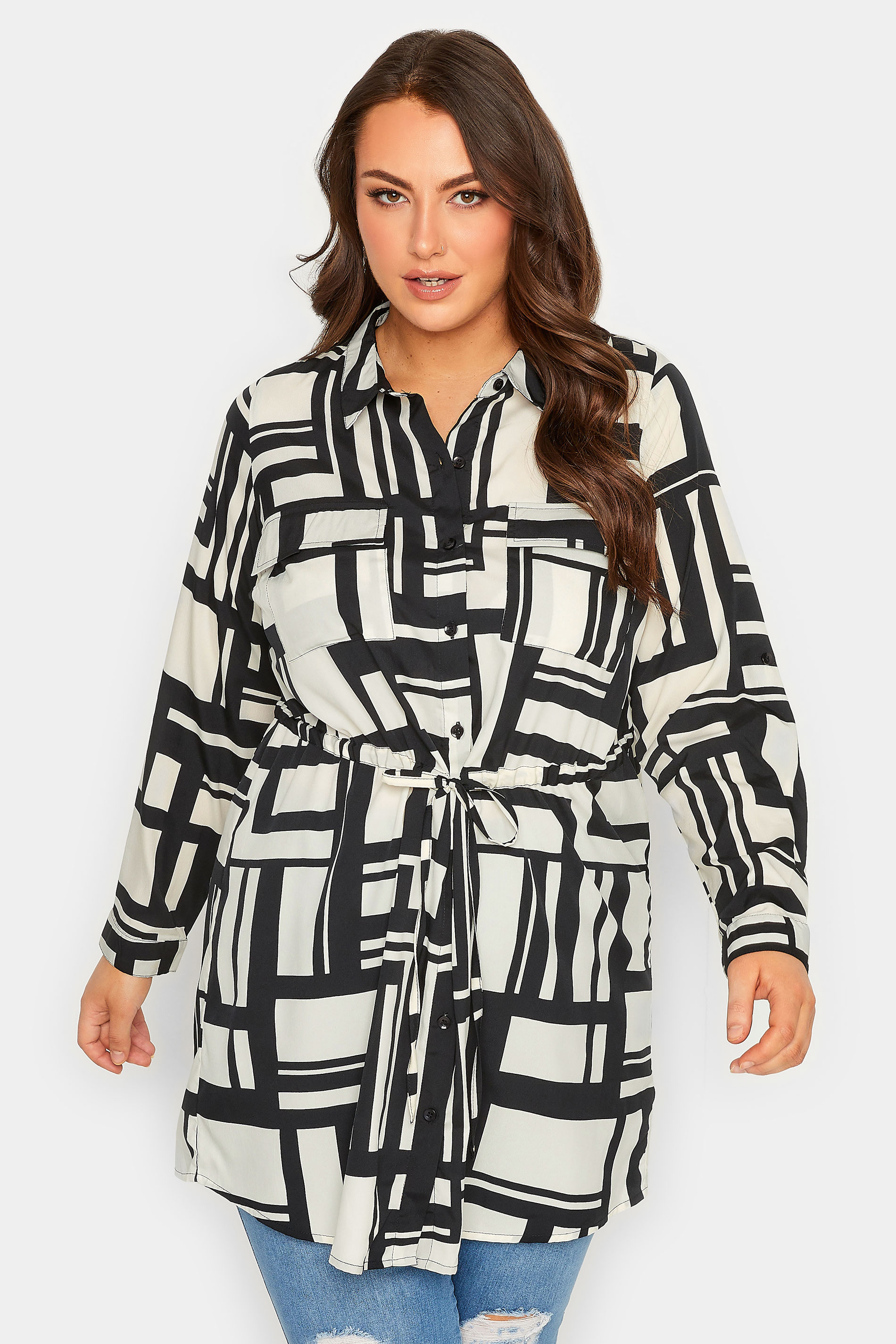 Product Video For YOURS Plus Size Black & White Geometric Print Utility Pocket Blouse | Yours Clothing 1