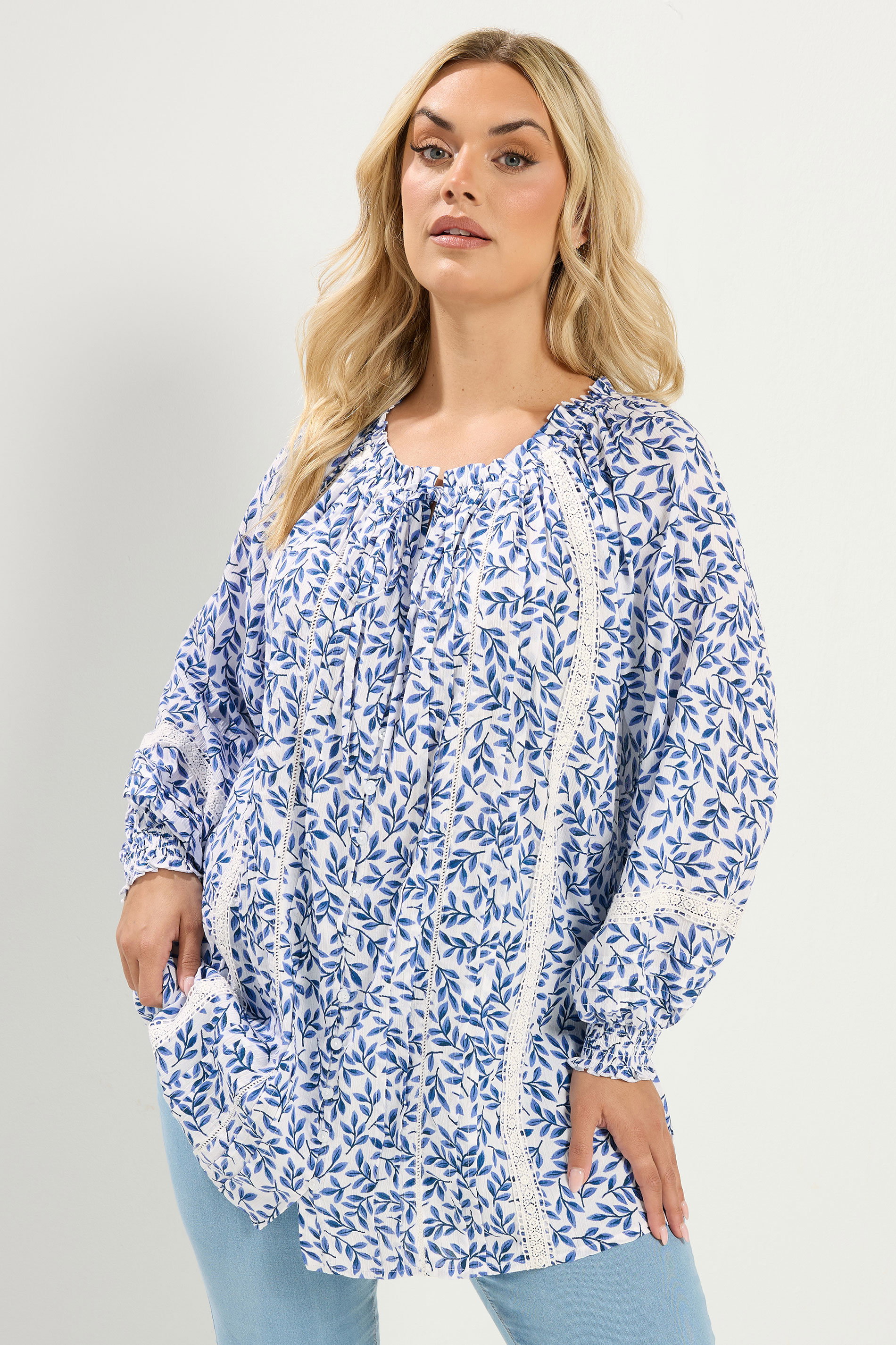 YOURS Plus Size Blue Leaf Pintuck Blouse | Yours Clothing 3