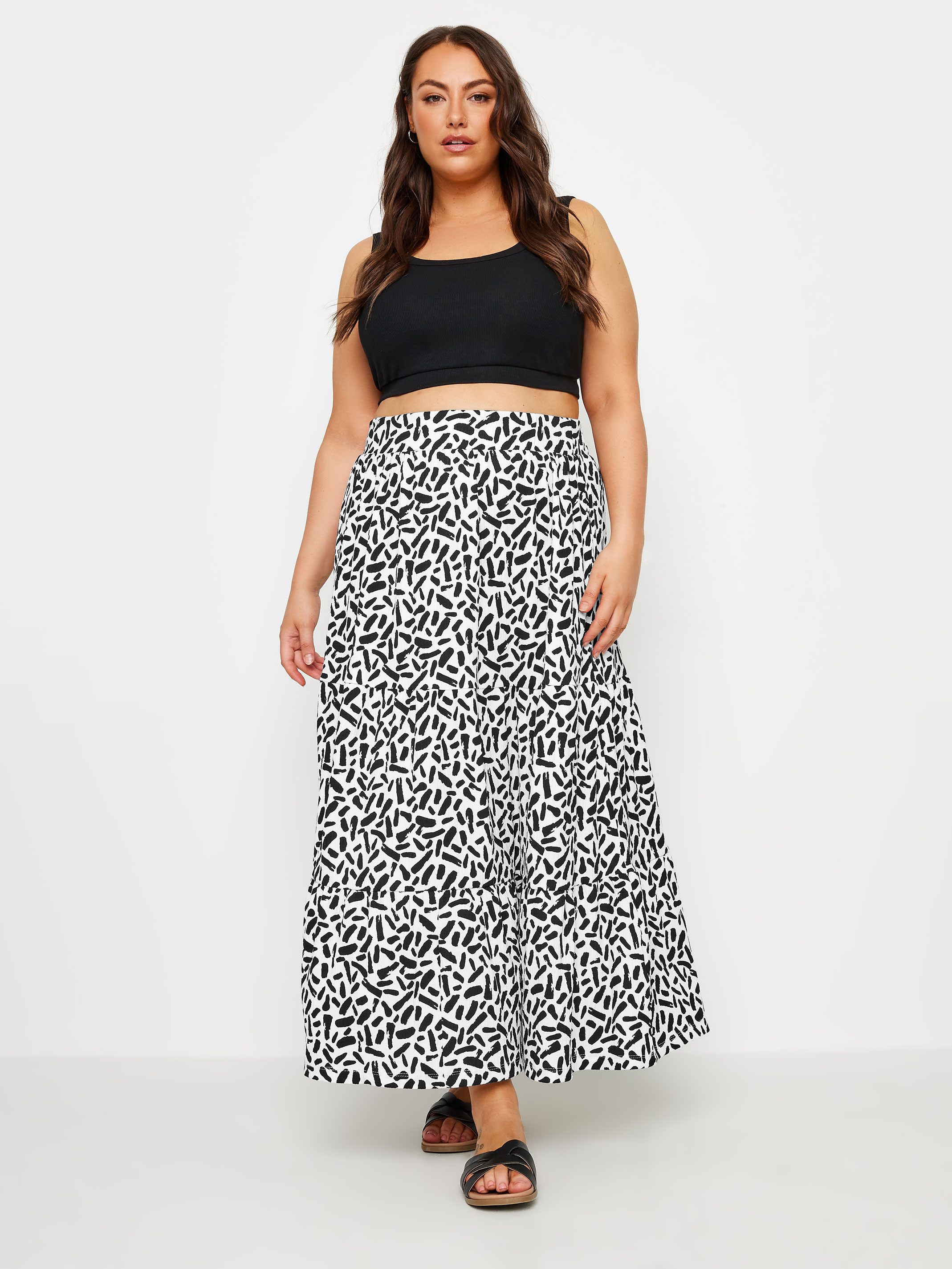 YOURS Plus Size White Abstract Print Tiered Maxi Skirt | Yours Clothing 1