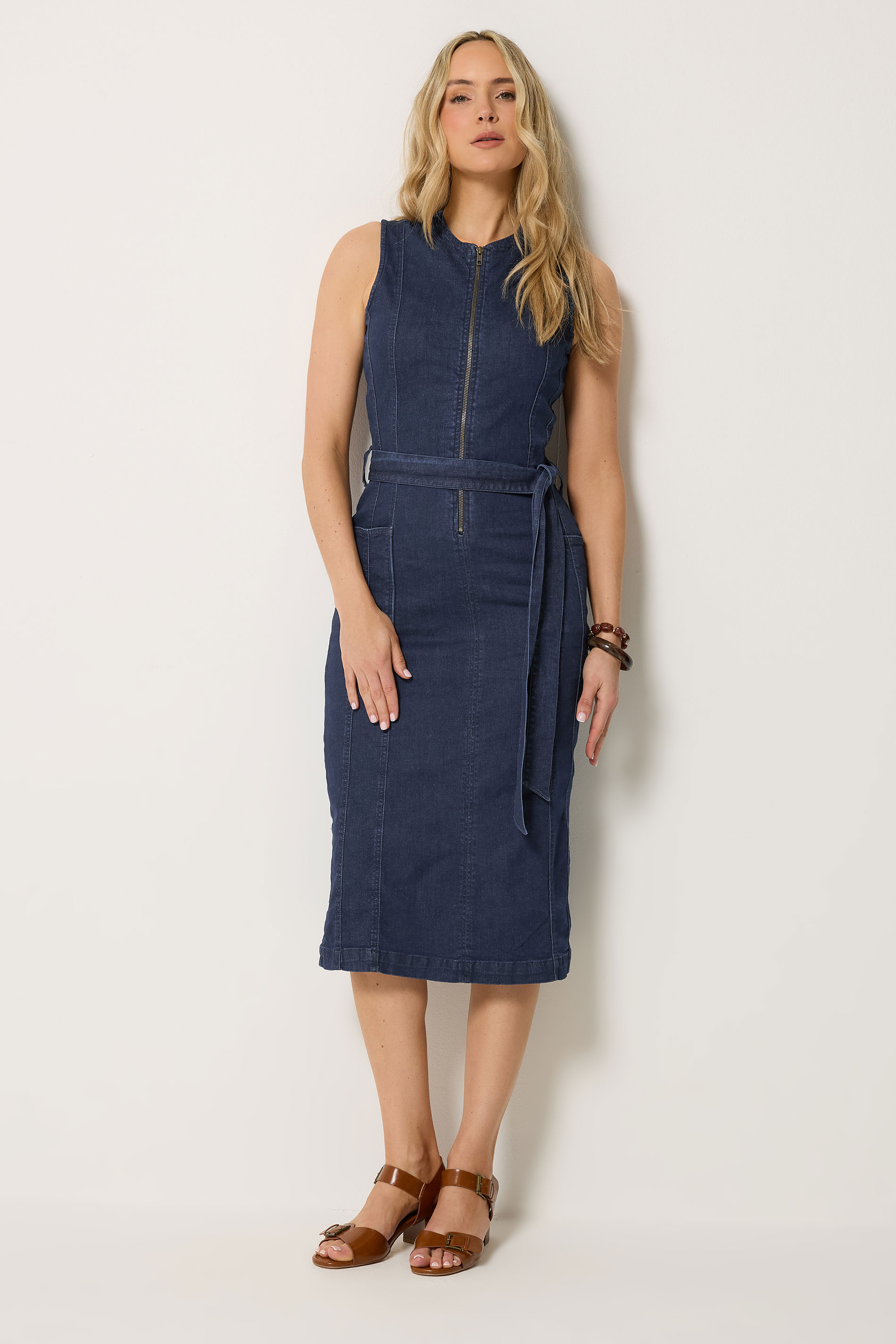 LTS Tall Women's Mid Blue Zip Front Denim Midi Dress | Long Tall Sally 1