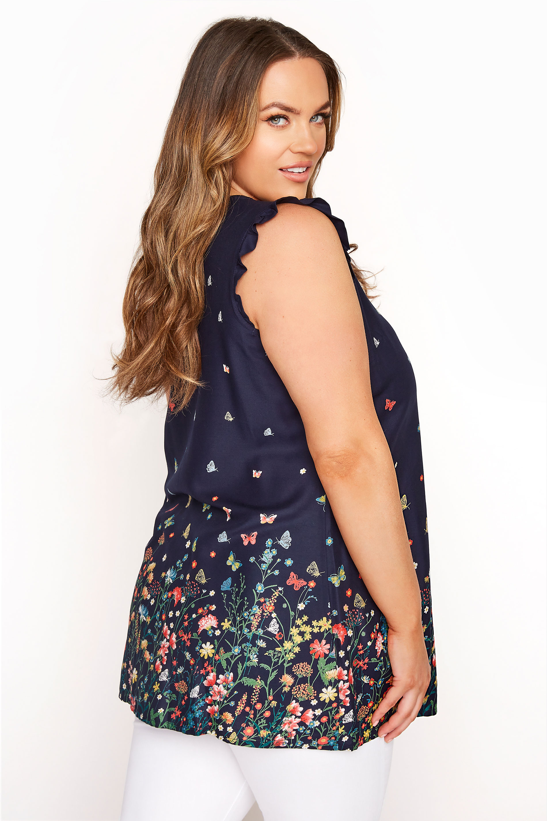 Navy Blue Floral Sleeveless Blouse | Yours Clothing 3