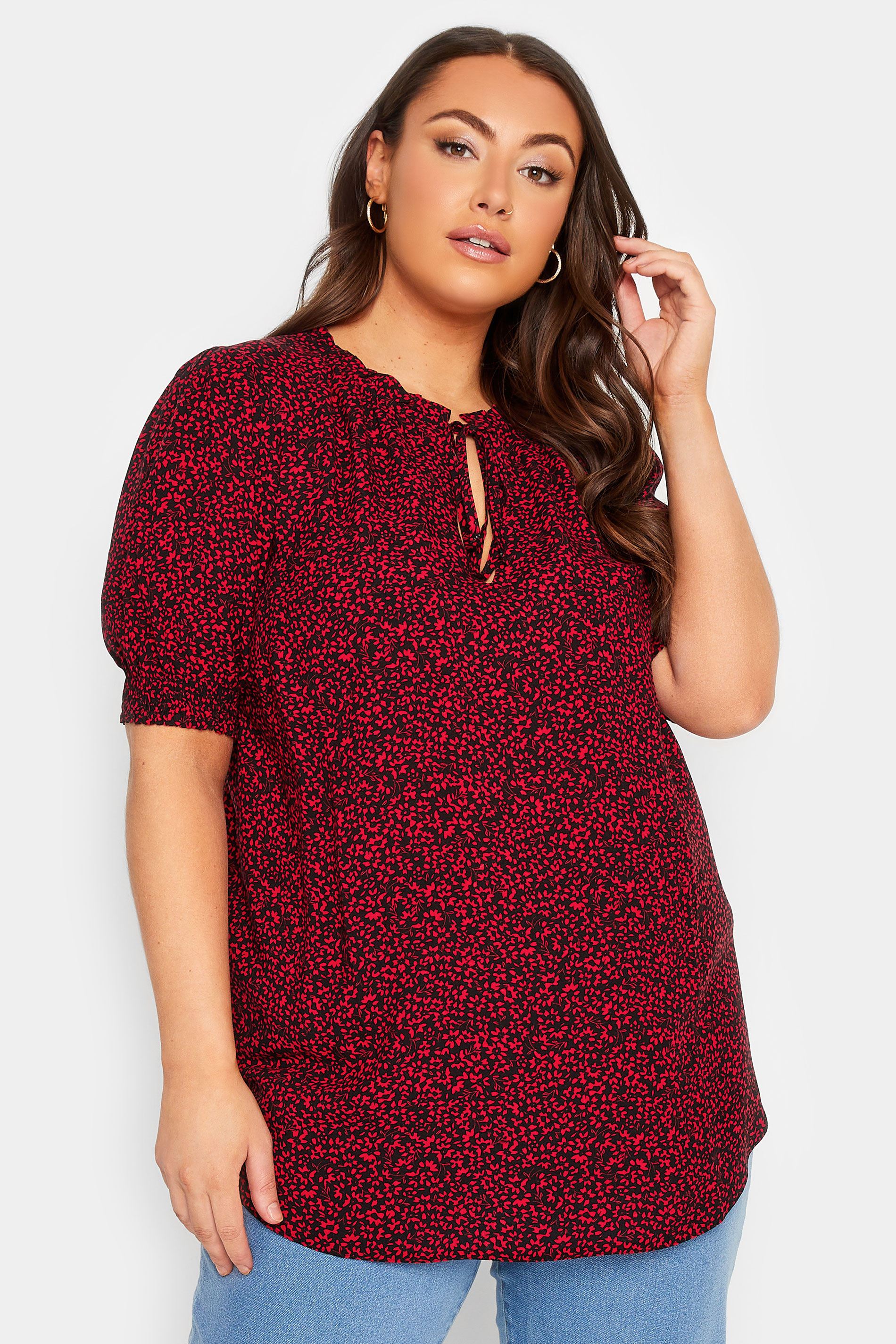 YOURS Plus Size Black & Red Floral Print Tie Neck Blouse | Yours Clothing 1