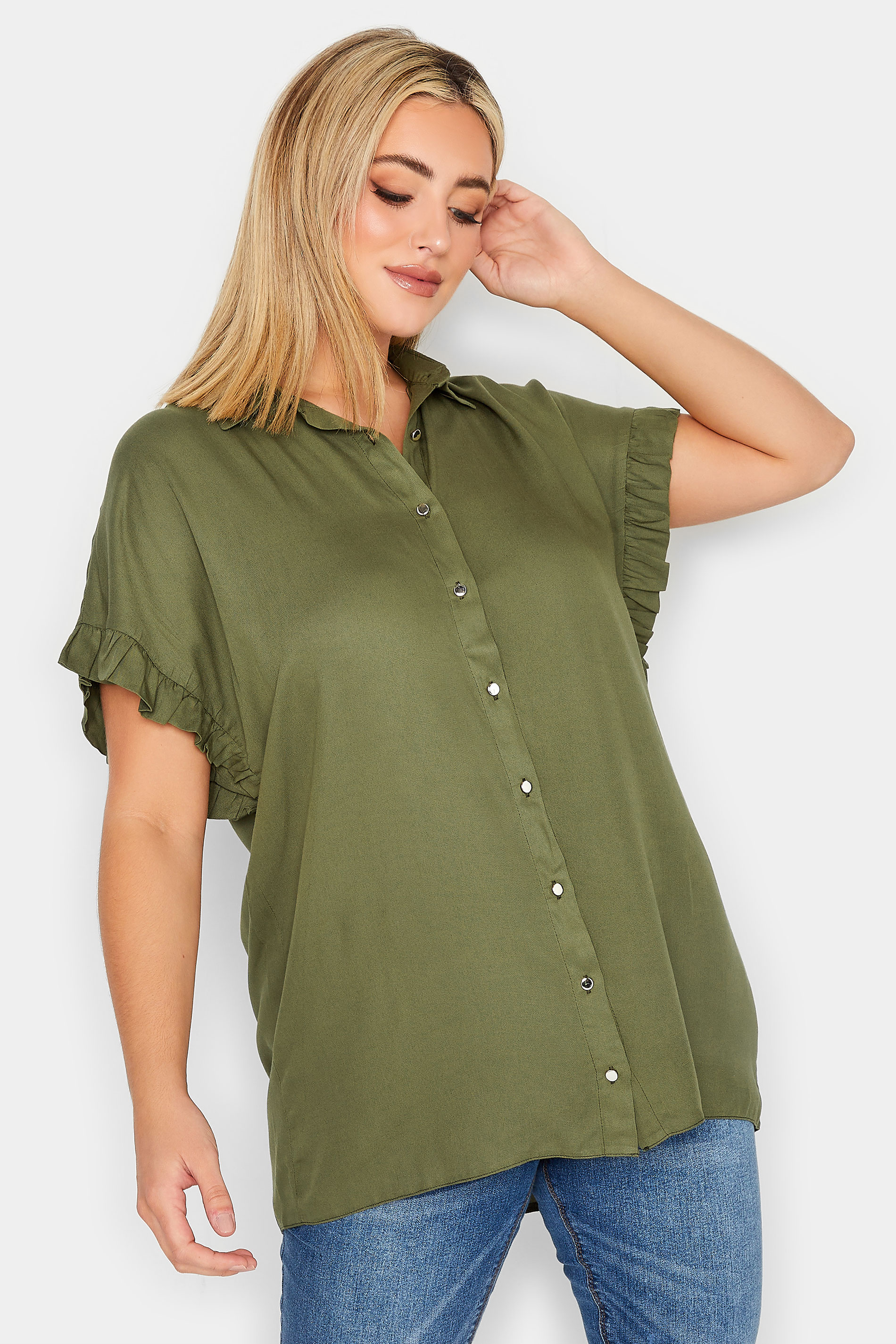 YOURS Plus Size Khaki Green Frill Sleeve Collared Shirt | Yours Clothing 1