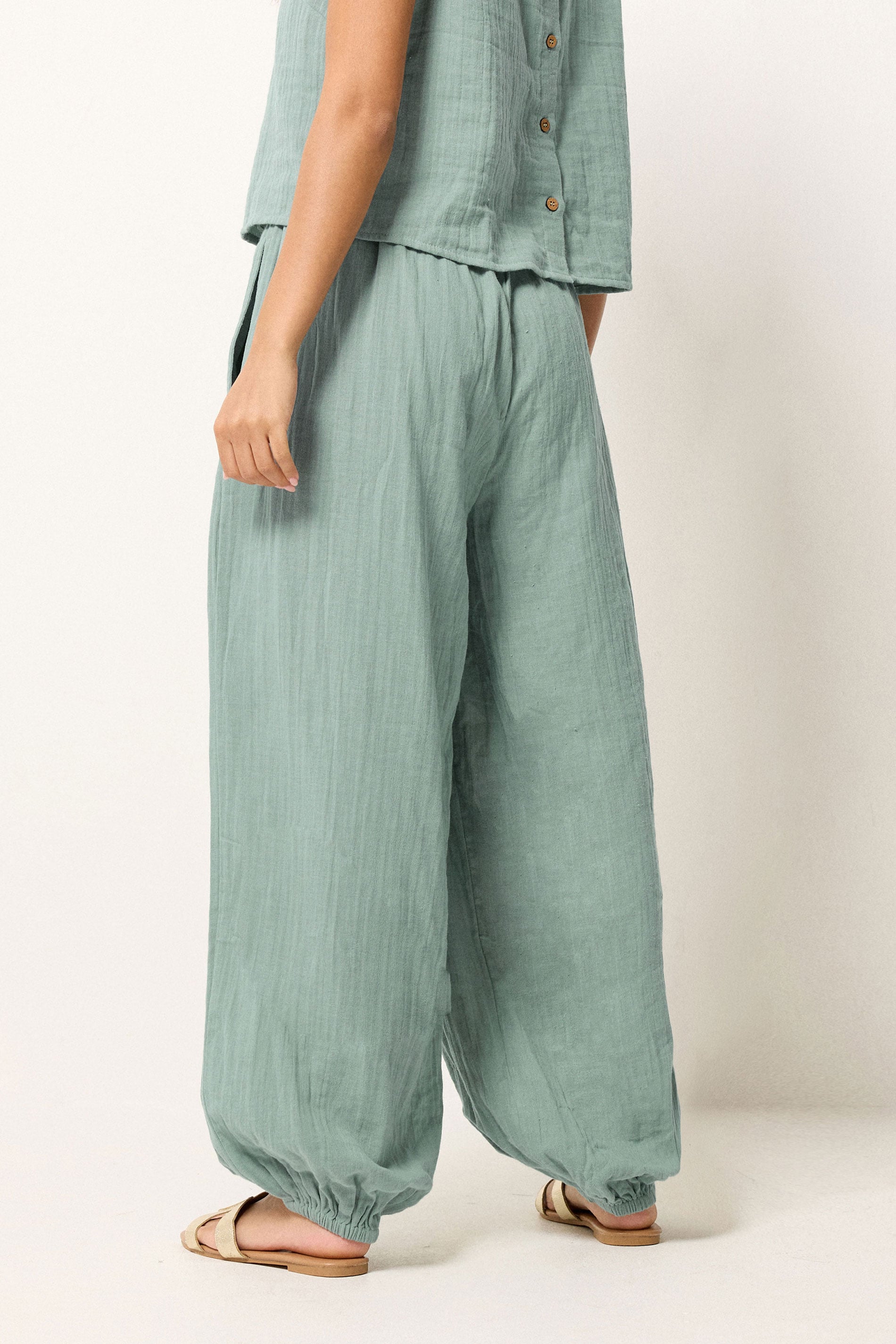 PixieGirl Petite Women's Set Sage Green Cotton Cheesecloth Top & Trousers | PixieGirl 6