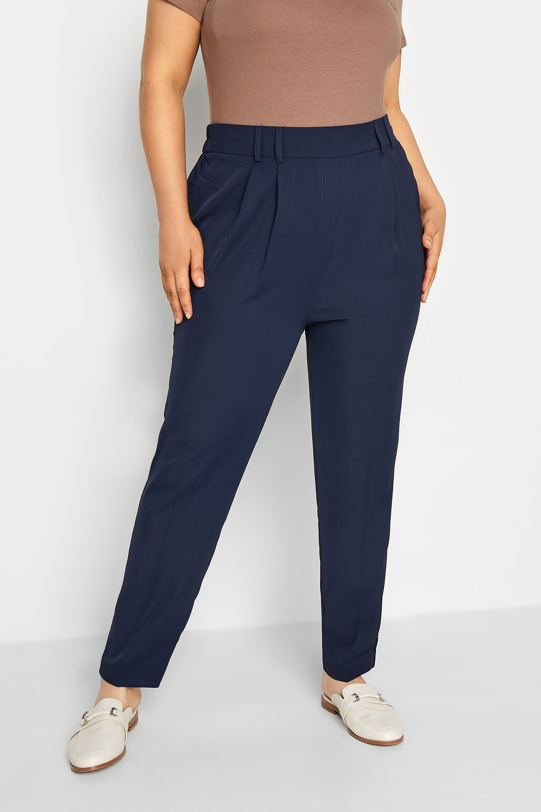 YOURS Plus Size Navy Blue Double Belted Tapered Trousers | Yours Clothing 1