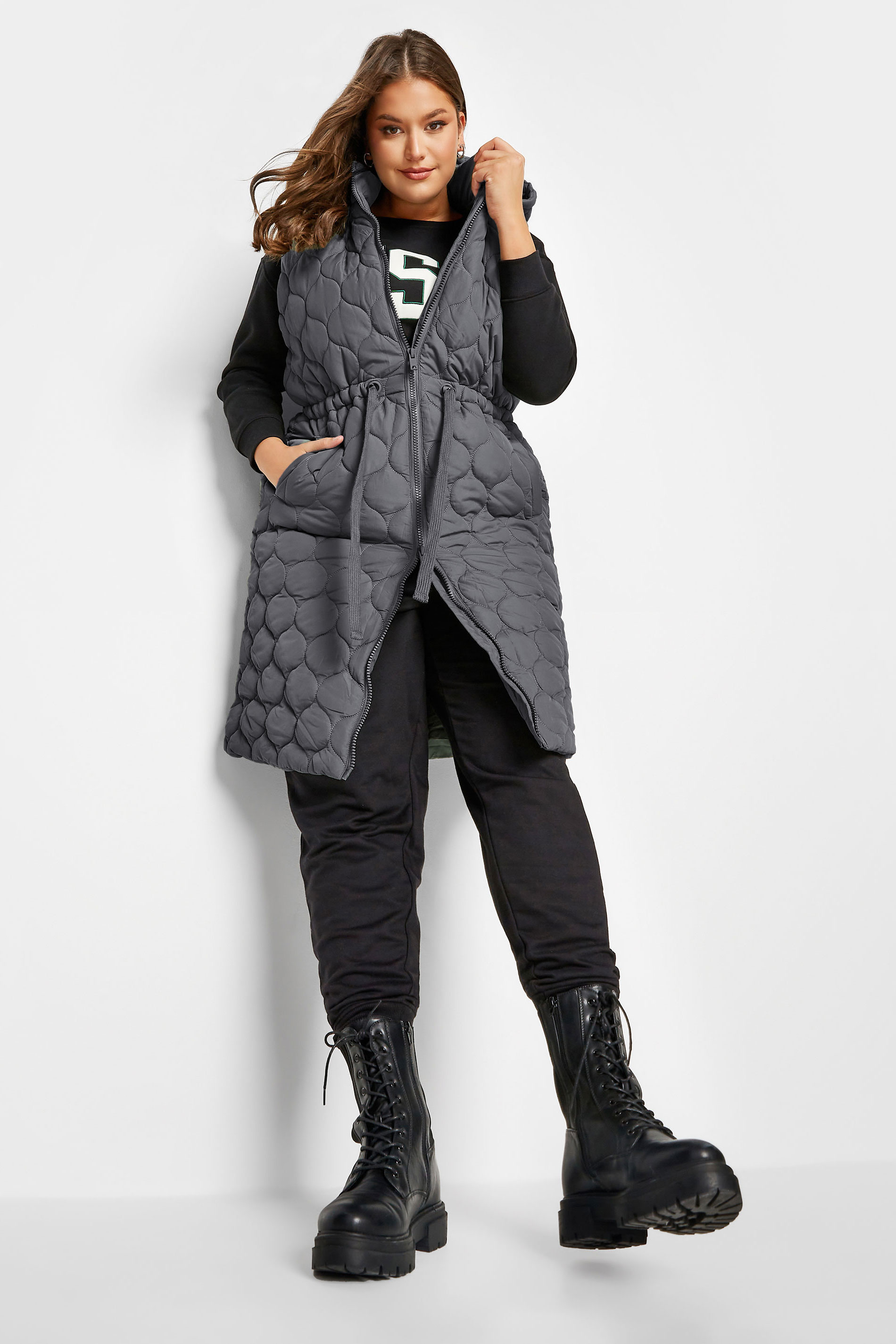 Plus Size Grey Quilted Midi Hooded Gilet | Yours Clothing 2