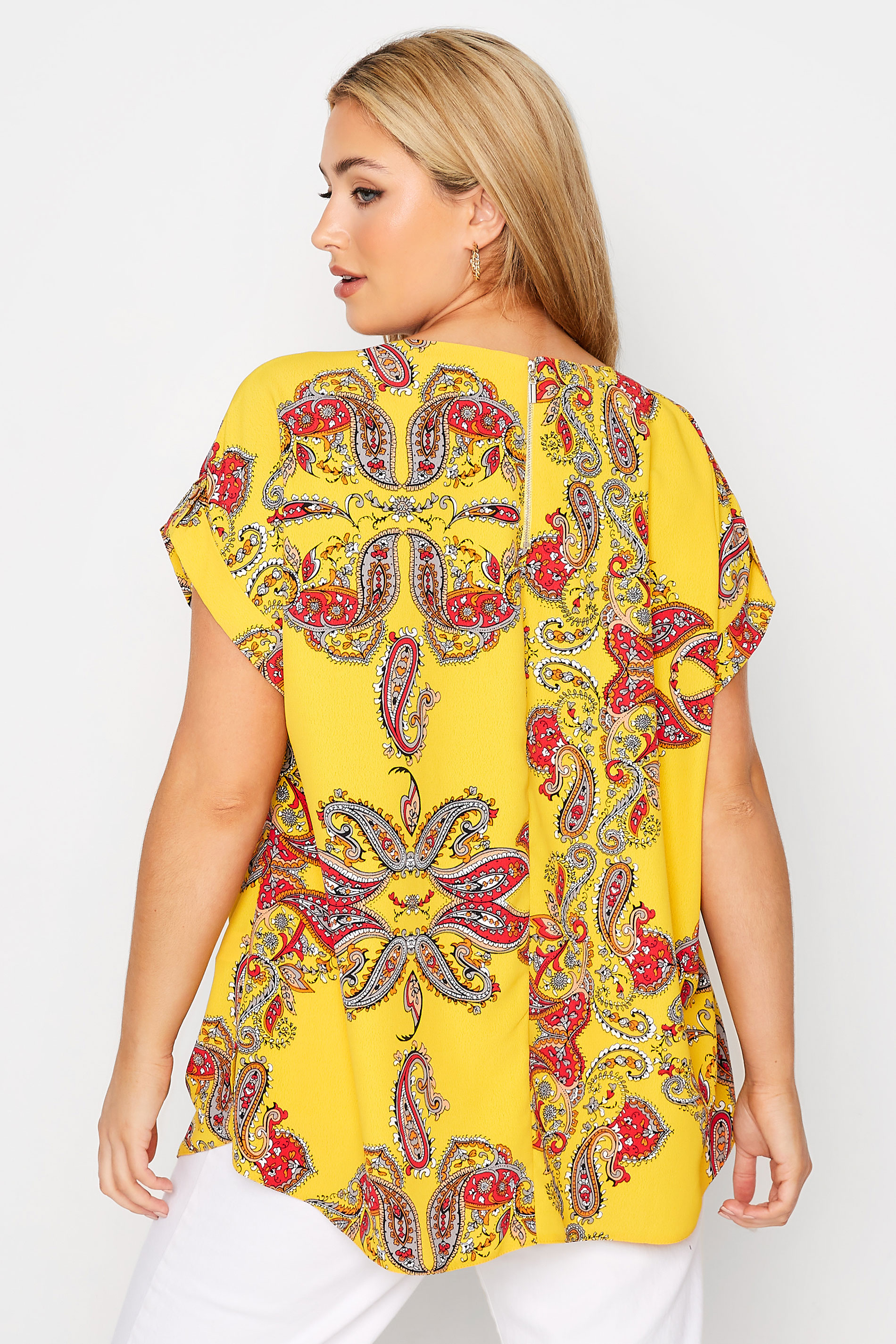 Plus Size Yellow Paisley Print Short Sleeve Top | Yours Clothing  3