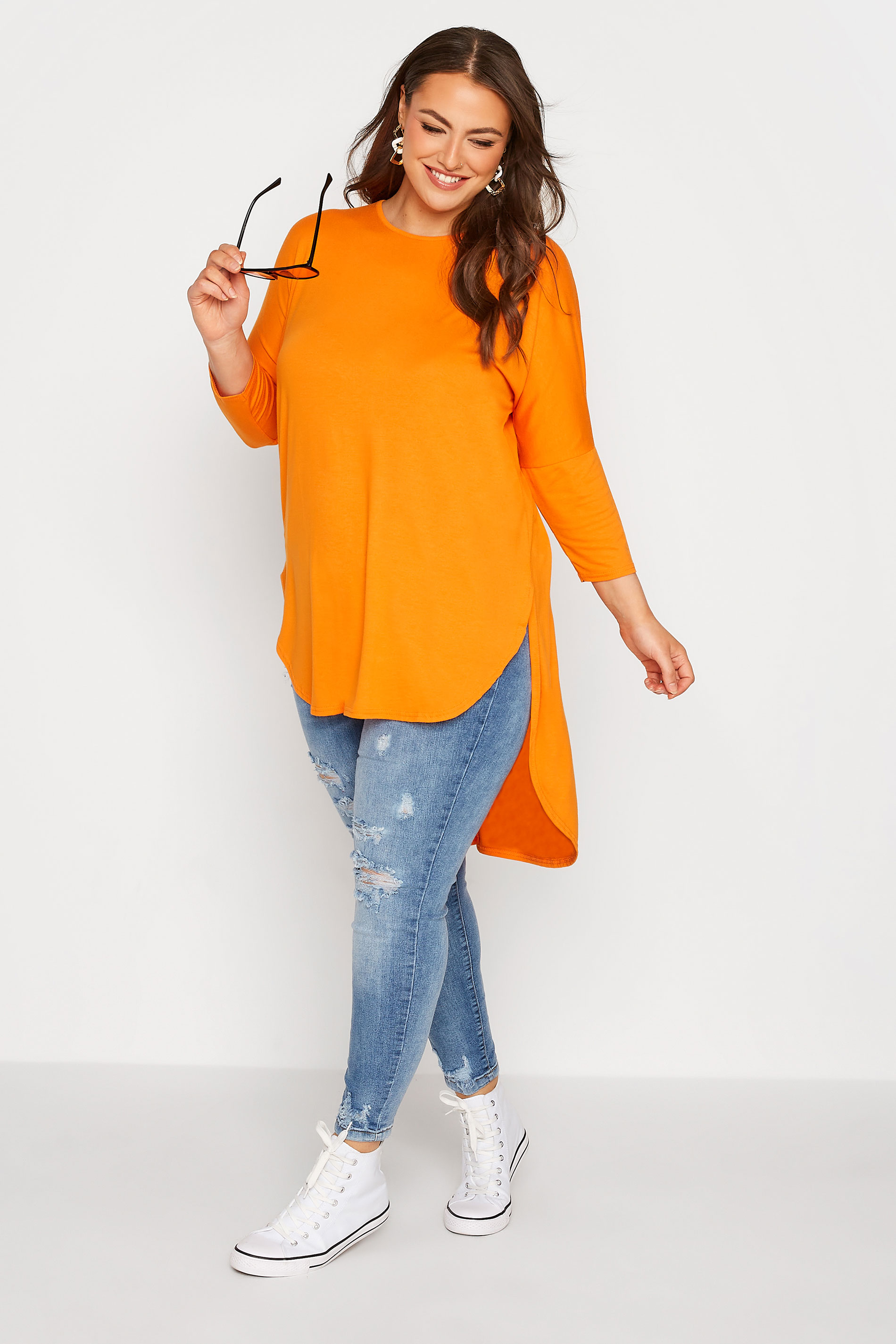 Grande taille  Tops Grande taille  Tops Ourlet Plongeant | LIMITED COLLECTION - T-Shirt Orange Manches Longues Ourlet Plongeant - DU13671