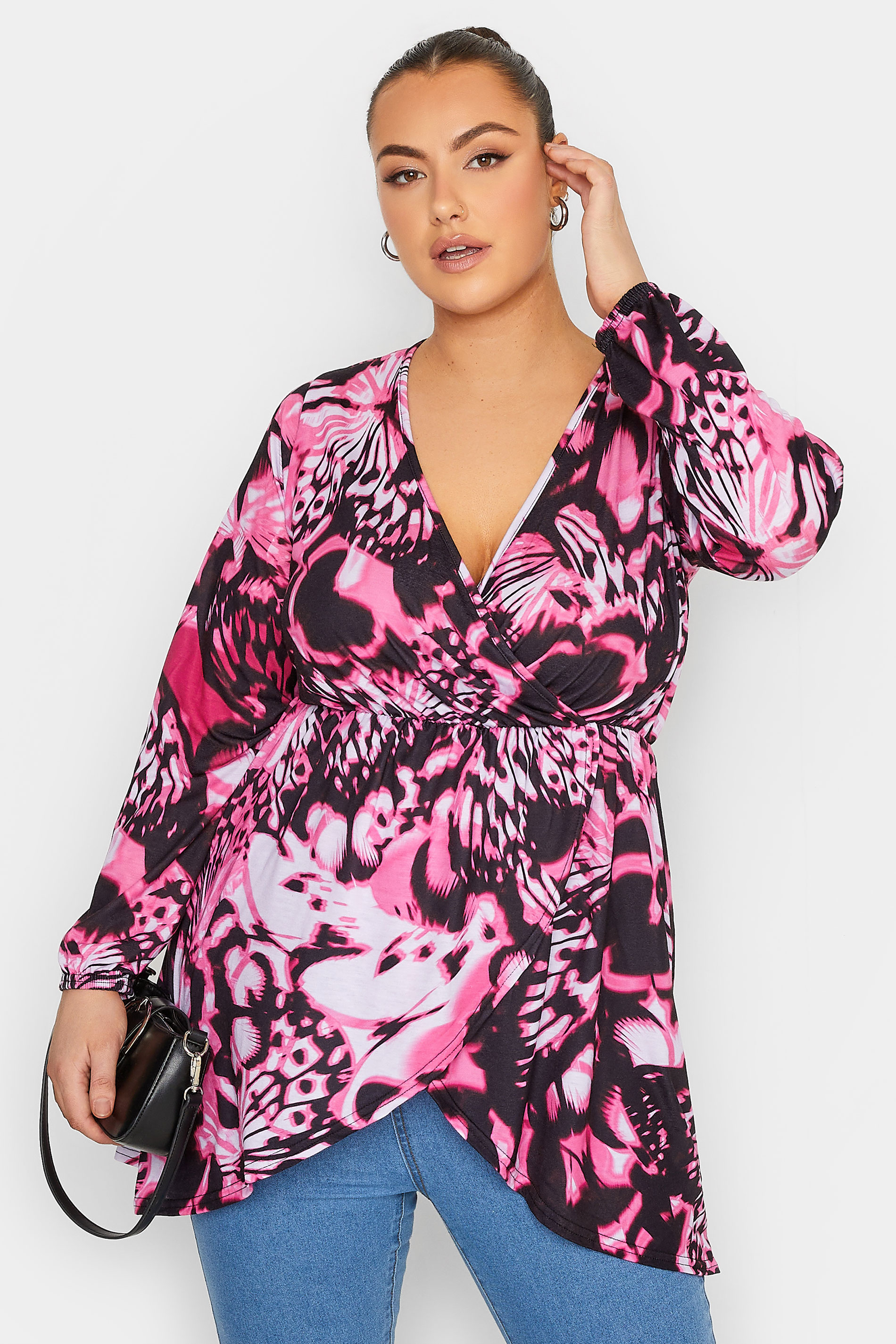 LIMITED COLLECTION Plus Size Black Butterfly Print Wrap Top | Yours Clothing 1