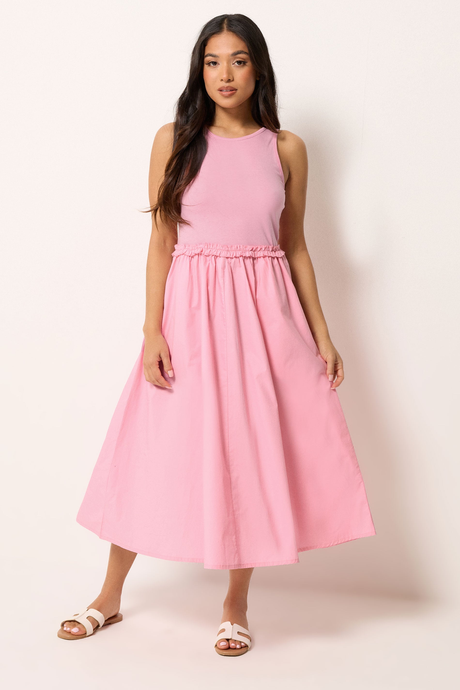 PixieGirl Petite Women's Pink Ruffle Detail Midi Dress | PixieGirl 1