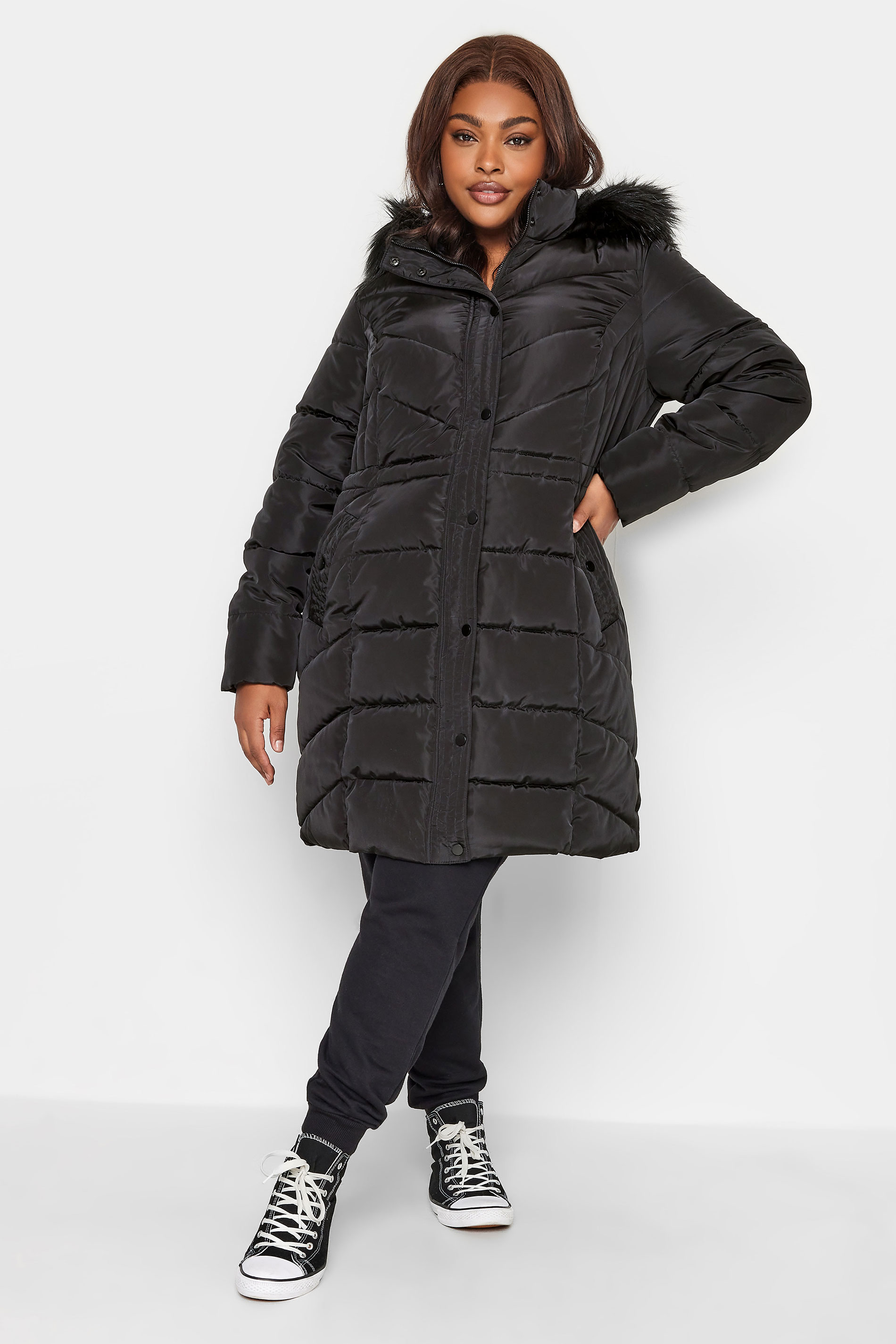 YOURS Plus Size Black Midi Puffer Coat | Yours Clothing 1