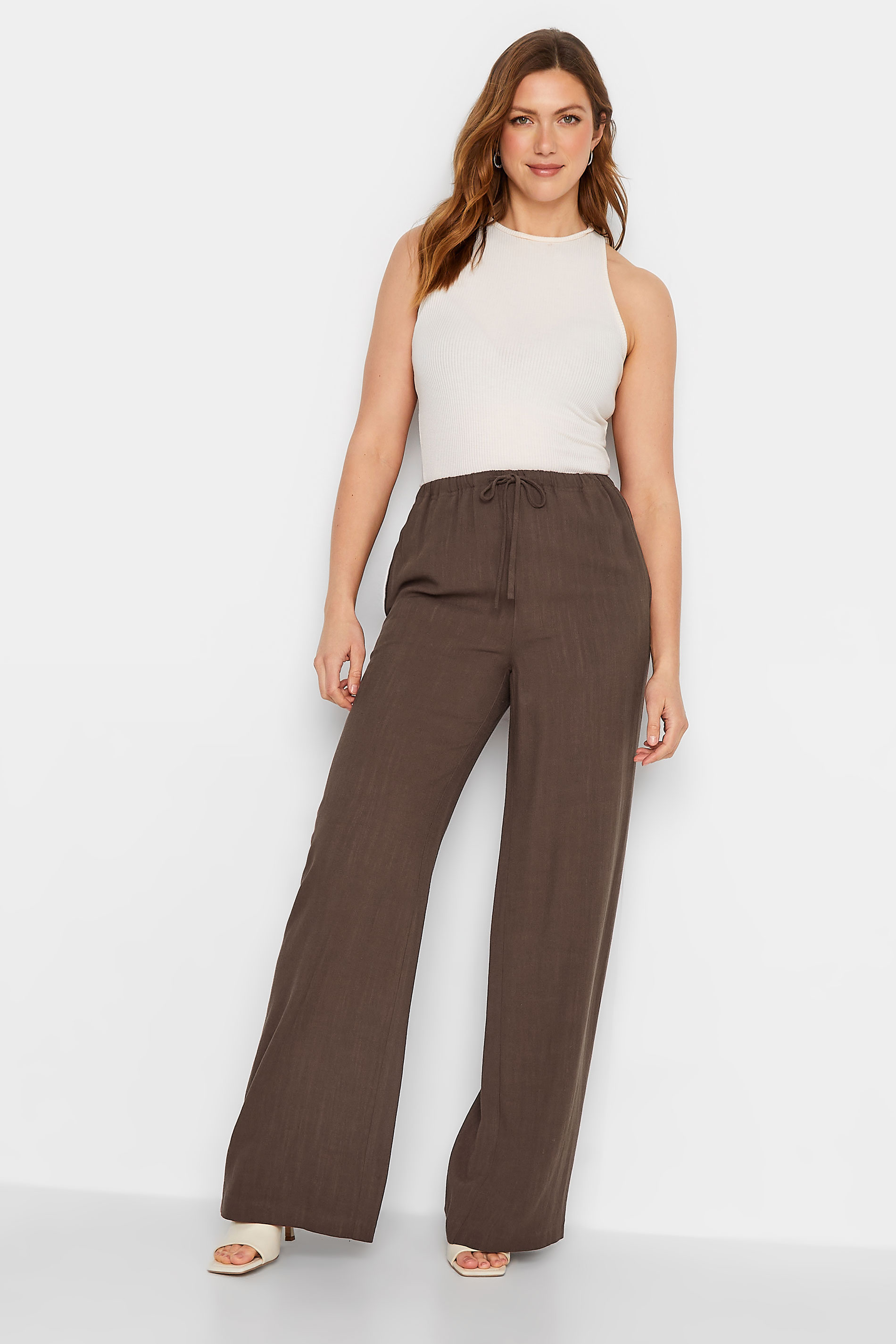 LTS Tall Women's Chocolate Brown Wide Leg Linen Look Trousers | Long Tall Sally 2