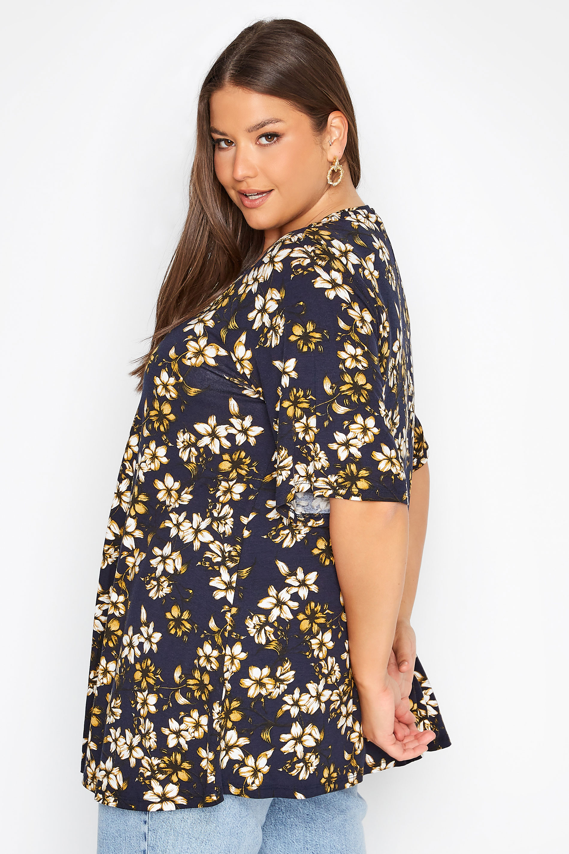 Plus Size Black Floral Print Tunic Top | Yours Clothing 2