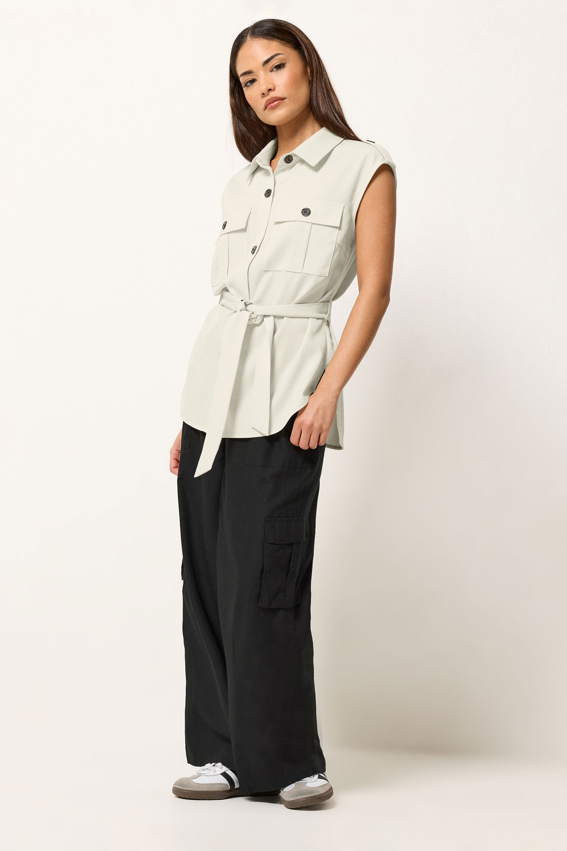 PixieGirl Petite Women's Ivory White Belted Utility Shirt | PixieGirl  2