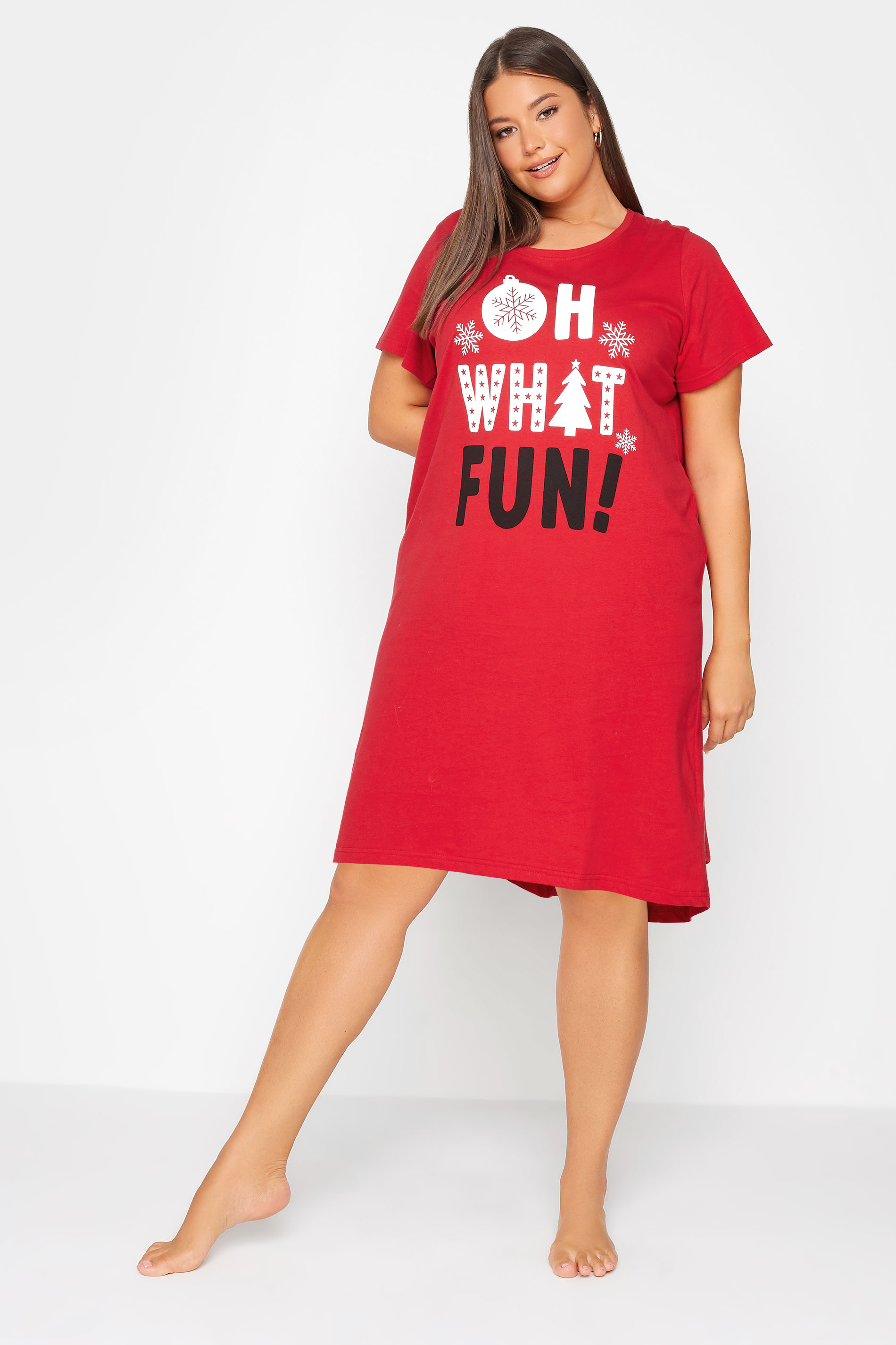 YOURS Plus Size Red 'Oh What Fun' Slogan Christmas Nightdress | Yours Clothing 3