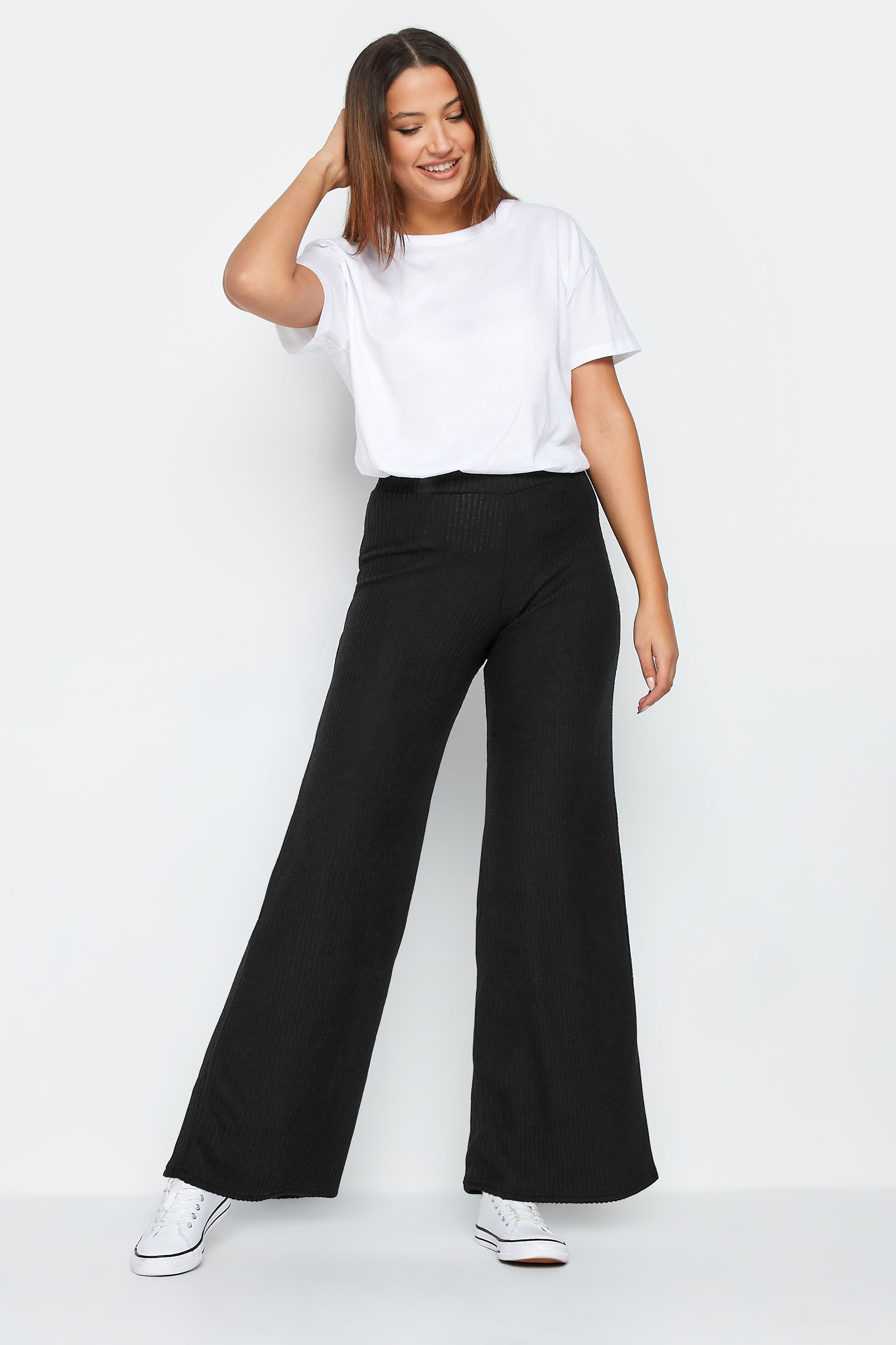 LTS Tall Black Ribbed Wide Leg Knitted Trousers| Long Tall Sally  2