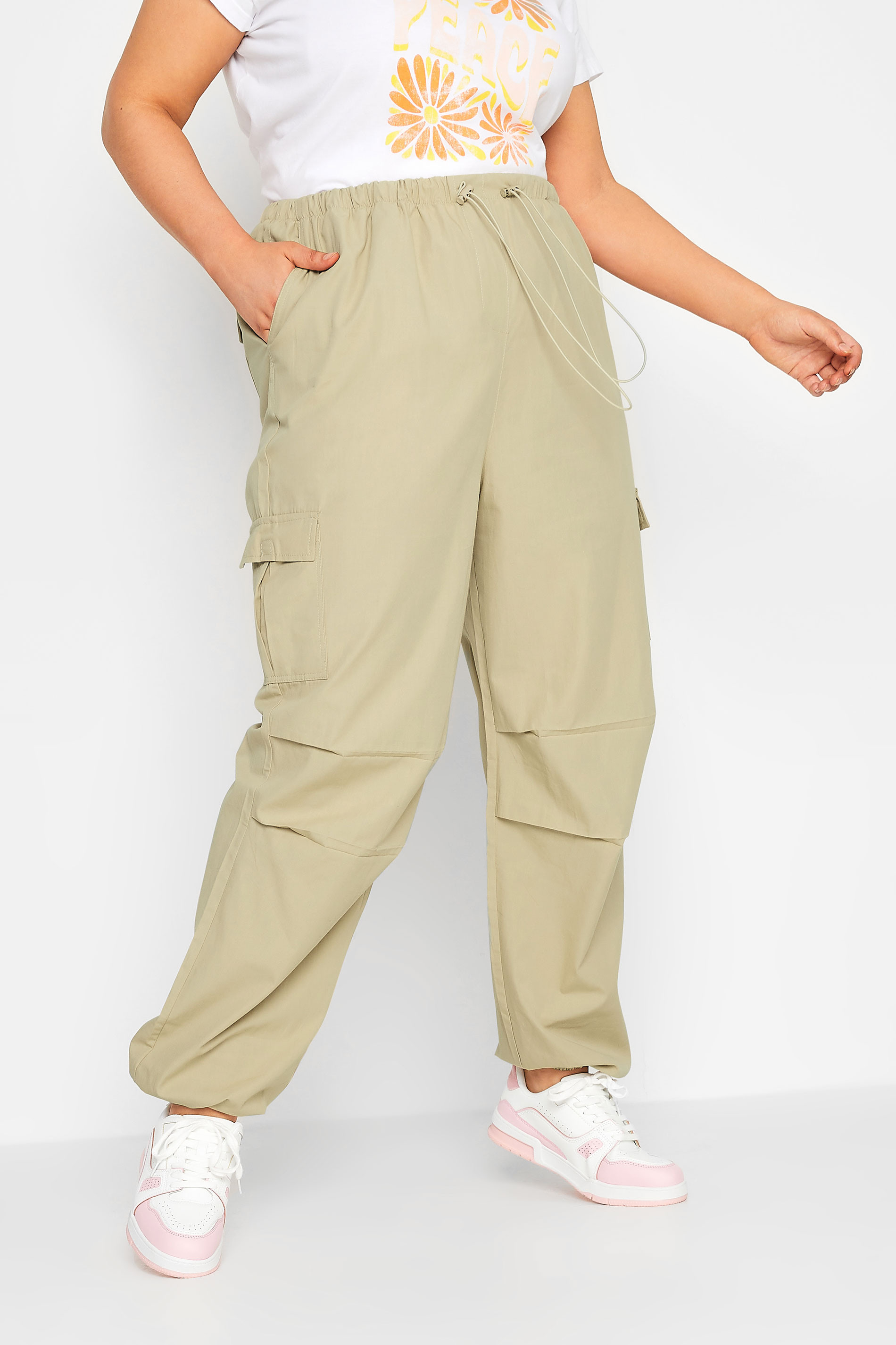 YOURS Curve Plus Size Stone Brown Cuffed Cargo Parachute Trousers | Yours Clothing  1