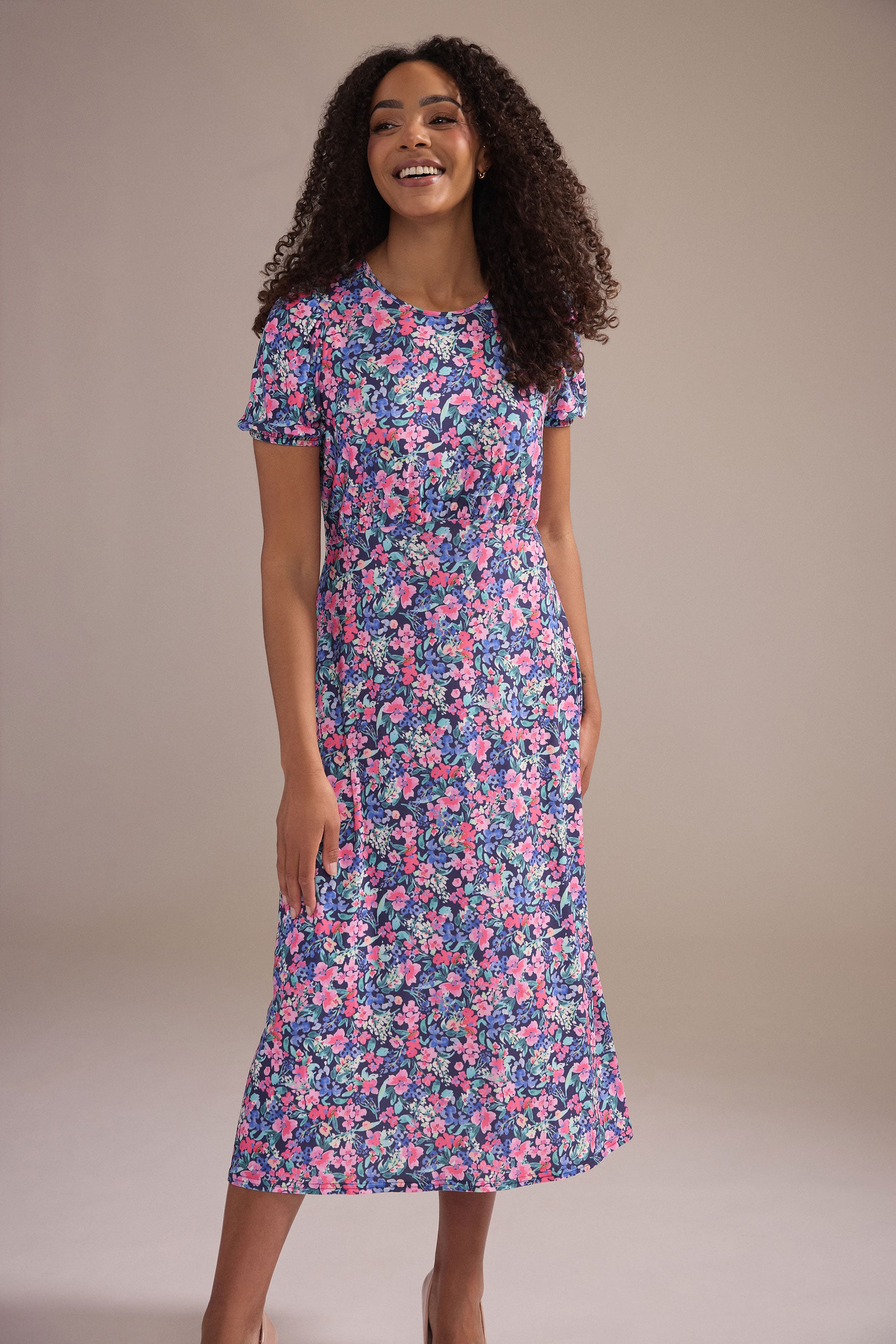 M&Co Pink Floral Short Sleeve Midi Dress | M&Co 3