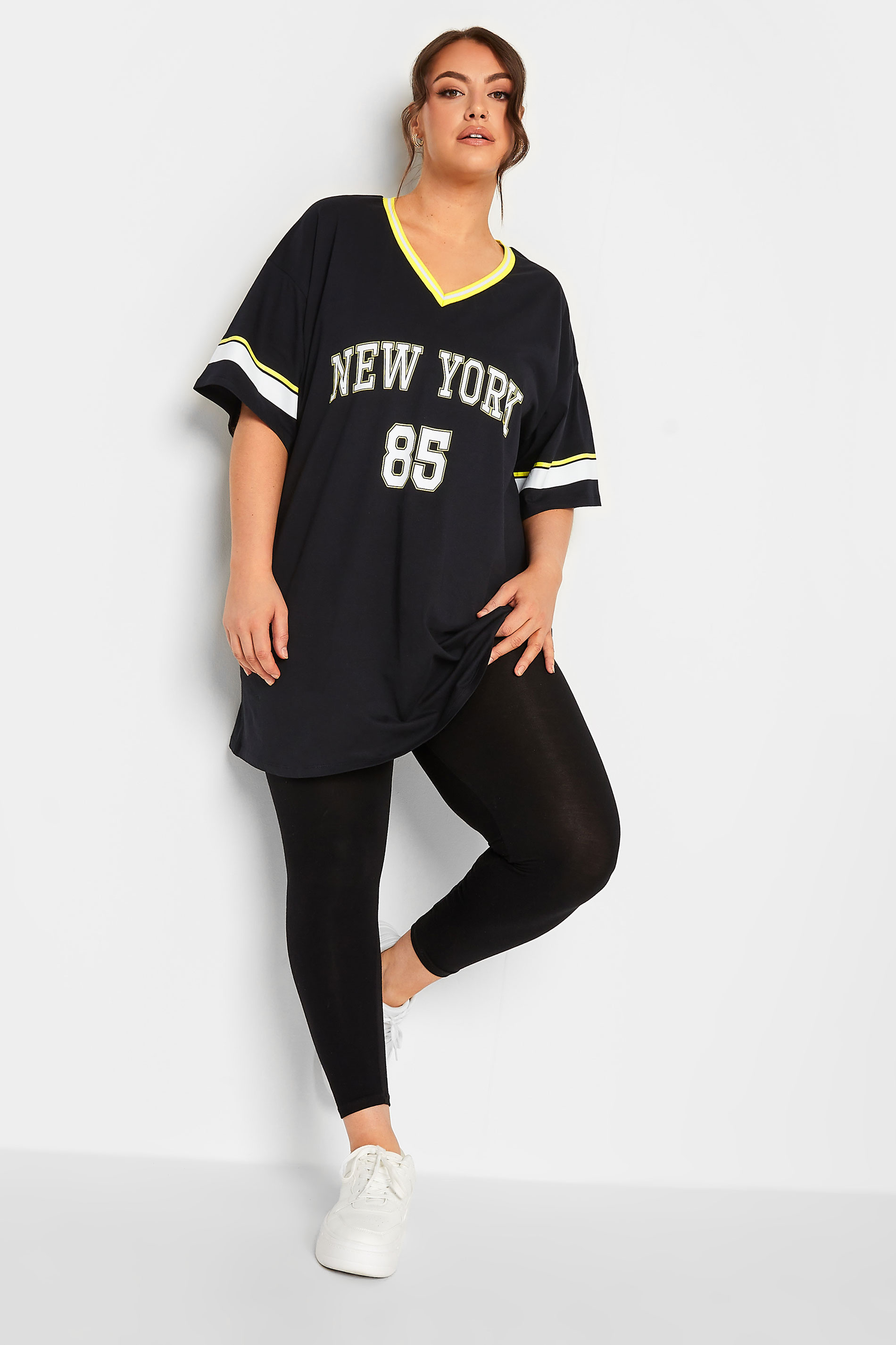 YOURS Curve Black and Yellow 'New York' Slogan Varsity Tunic Top | Yours Clothing 2