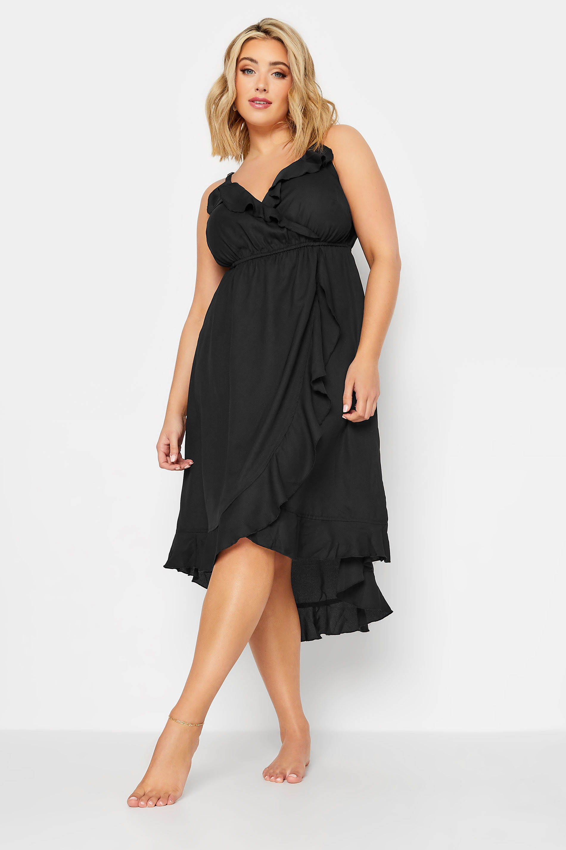LIMITED COLLECTION Plus Size Black Frill Midaxi Wrap Dress | Yours Clothing  1