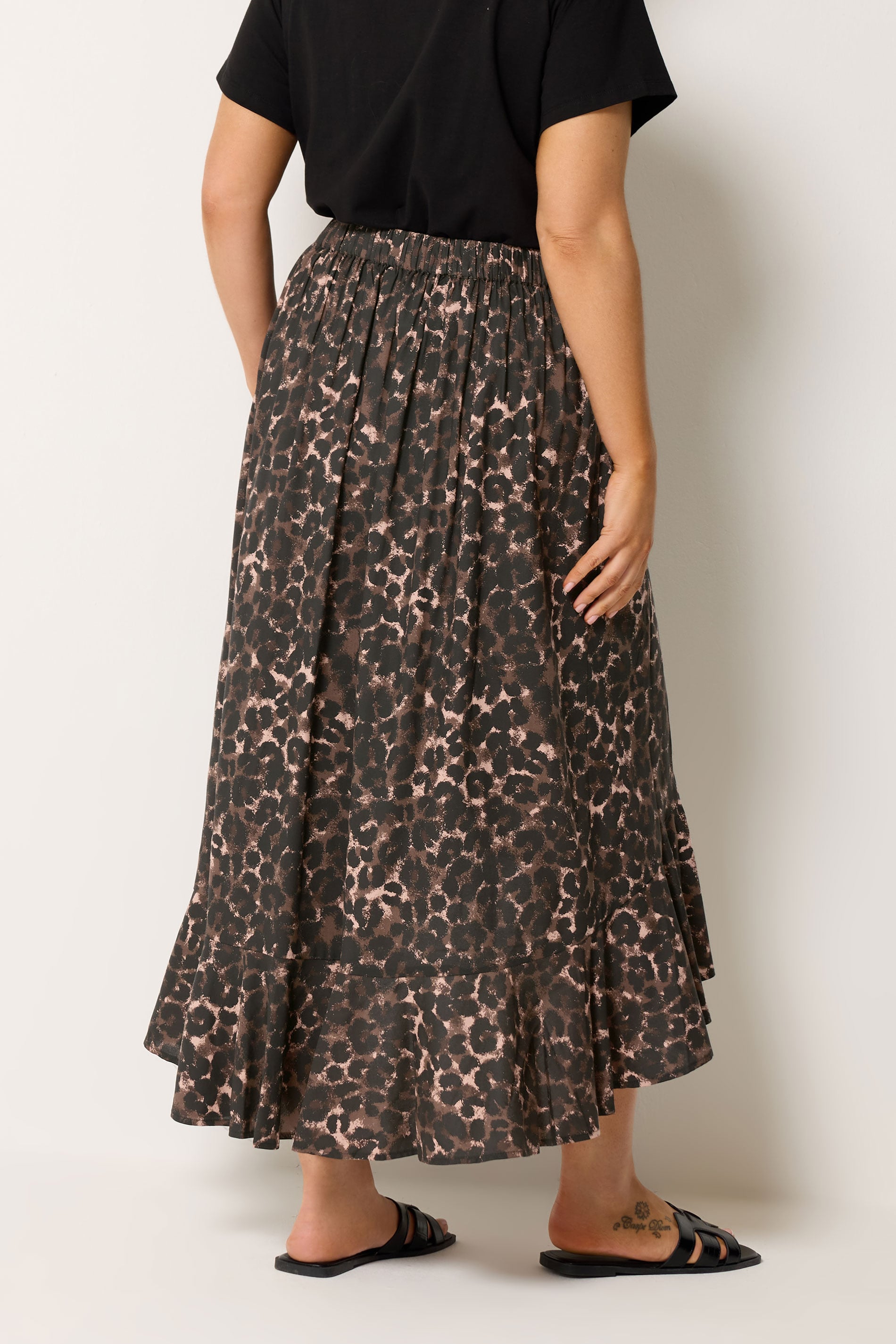 YOURS Plus Size Chocolate Brown Leopard Print Ruffle Skirt | Yours Clothing 5