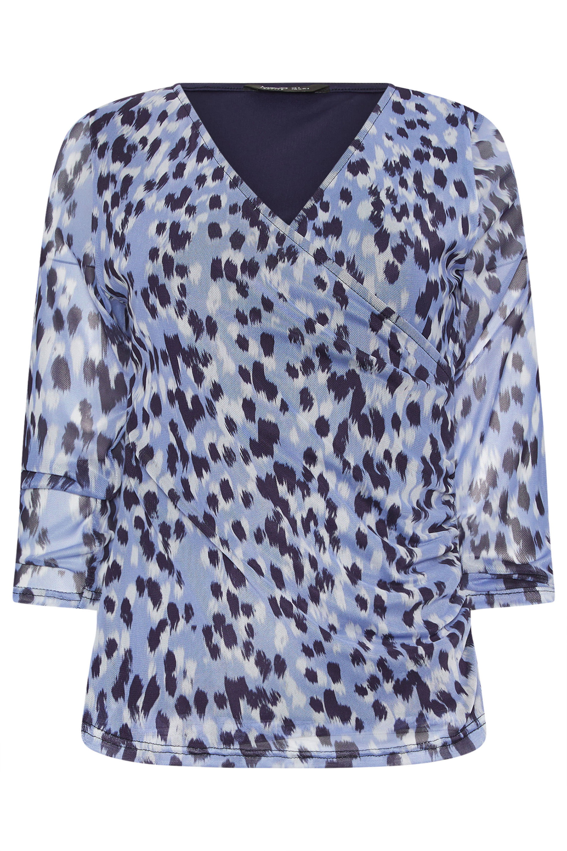 M&Co Petite Blue Animal Print Mesh Sleeve Wrap Top | M&Co 5