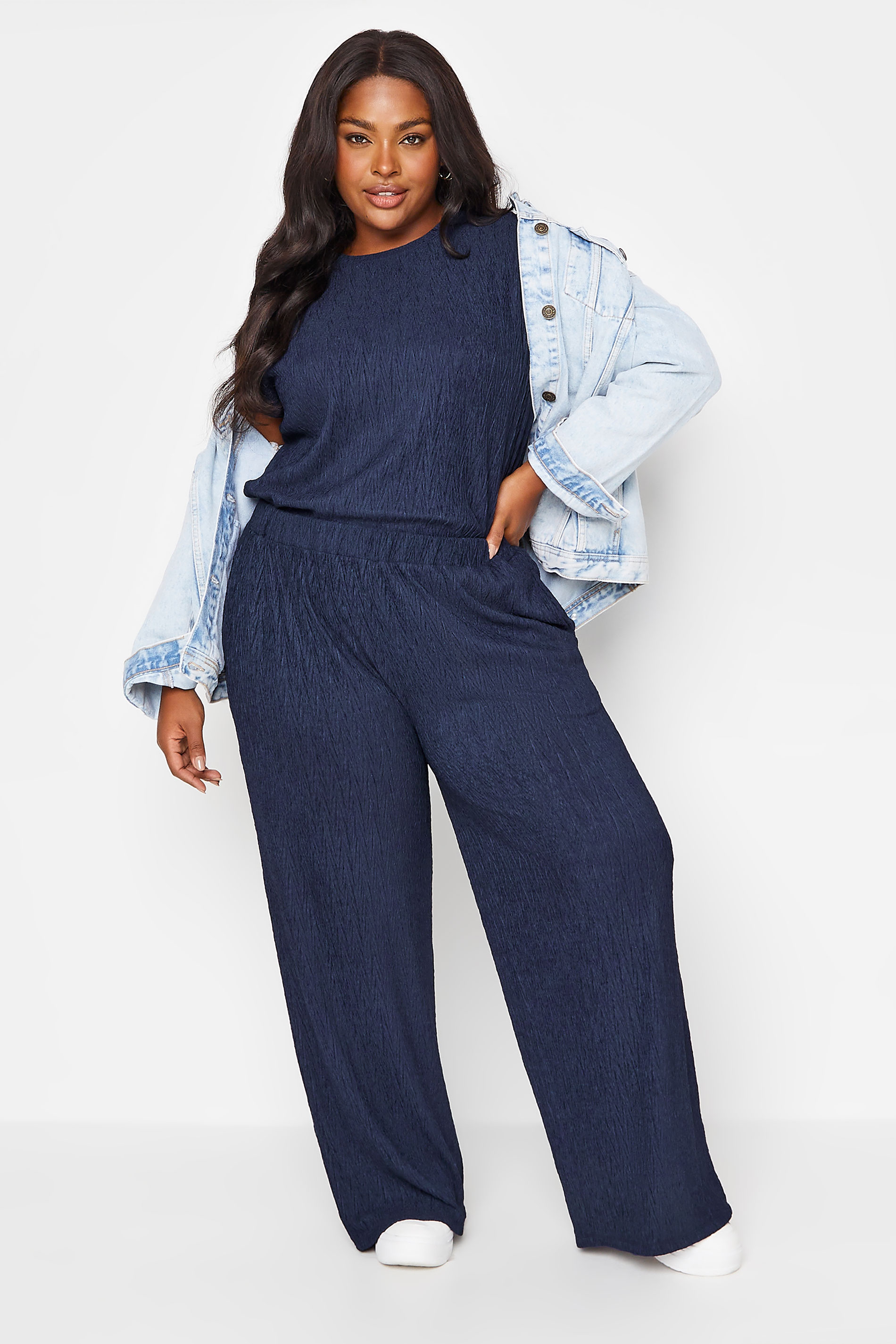 YOURS Plus Size Navy Blue Crinkle Plisse Wide Leg Trousers | Yours Clothing 2
