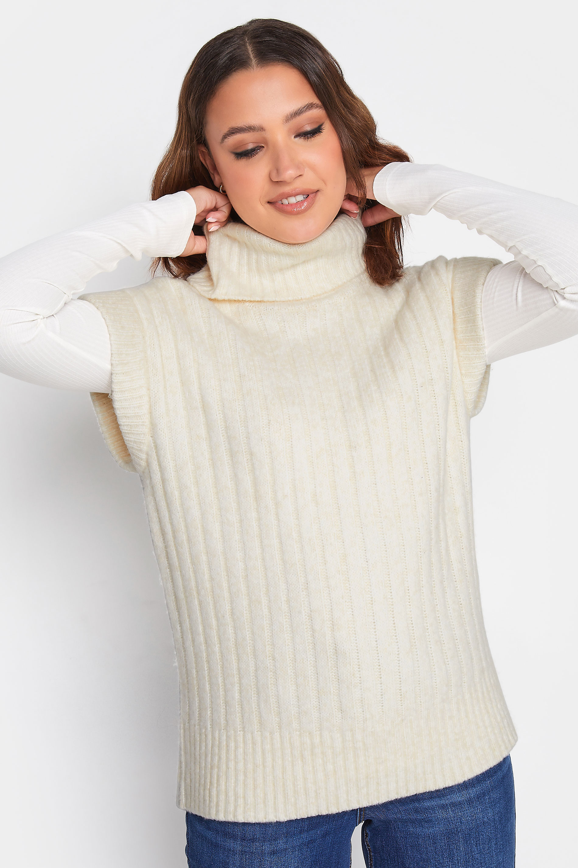 LTS Tall Ivory White Ribbed Roll Neck Knitted Sweater Vest | Long Tall Sally  1
