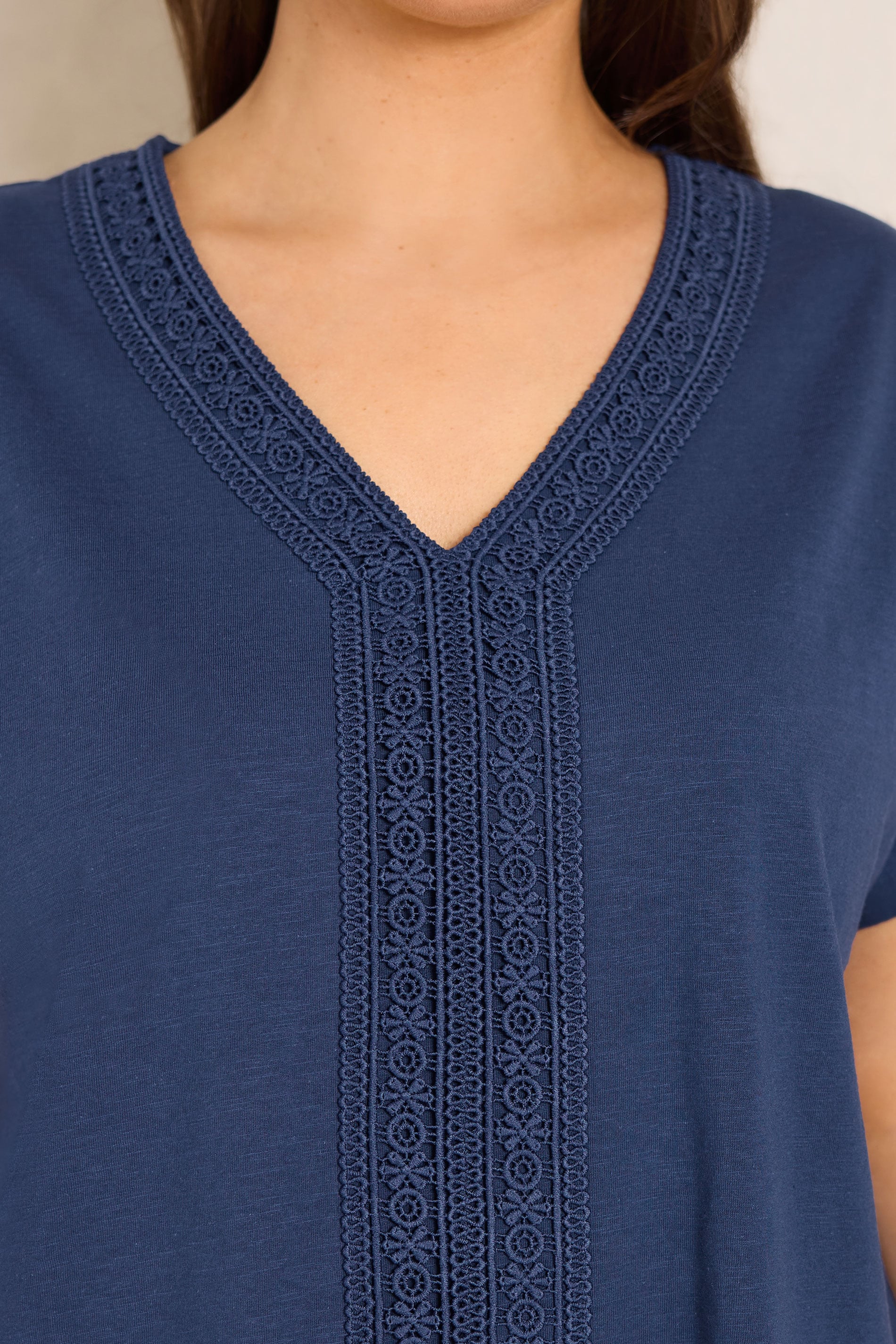 EVANS Plus Size Navy Blue Cotton Crochet Trim Tee | Evans 4