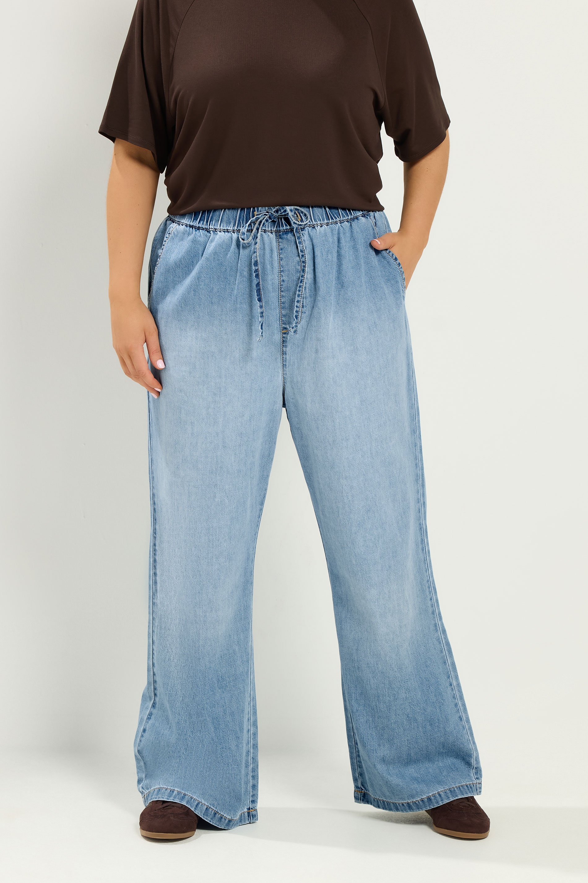 YOURS Plus Size Mid Blue Drawstring Wide Leg Jeans | Yours Clothing 3