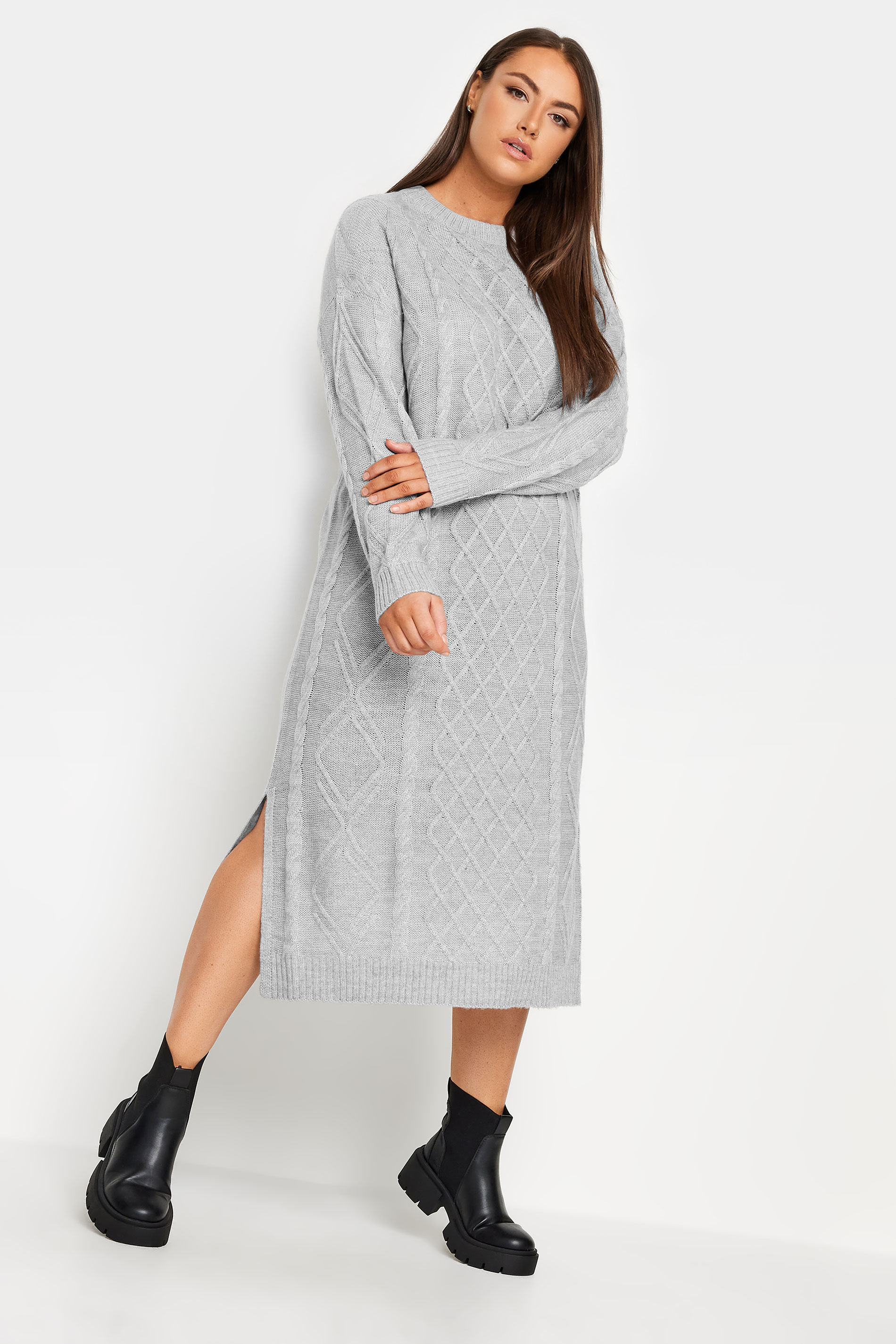 YOURS Plus Size Grey Cable Knit Midi Jumper Dress | Yours Clothing 2
