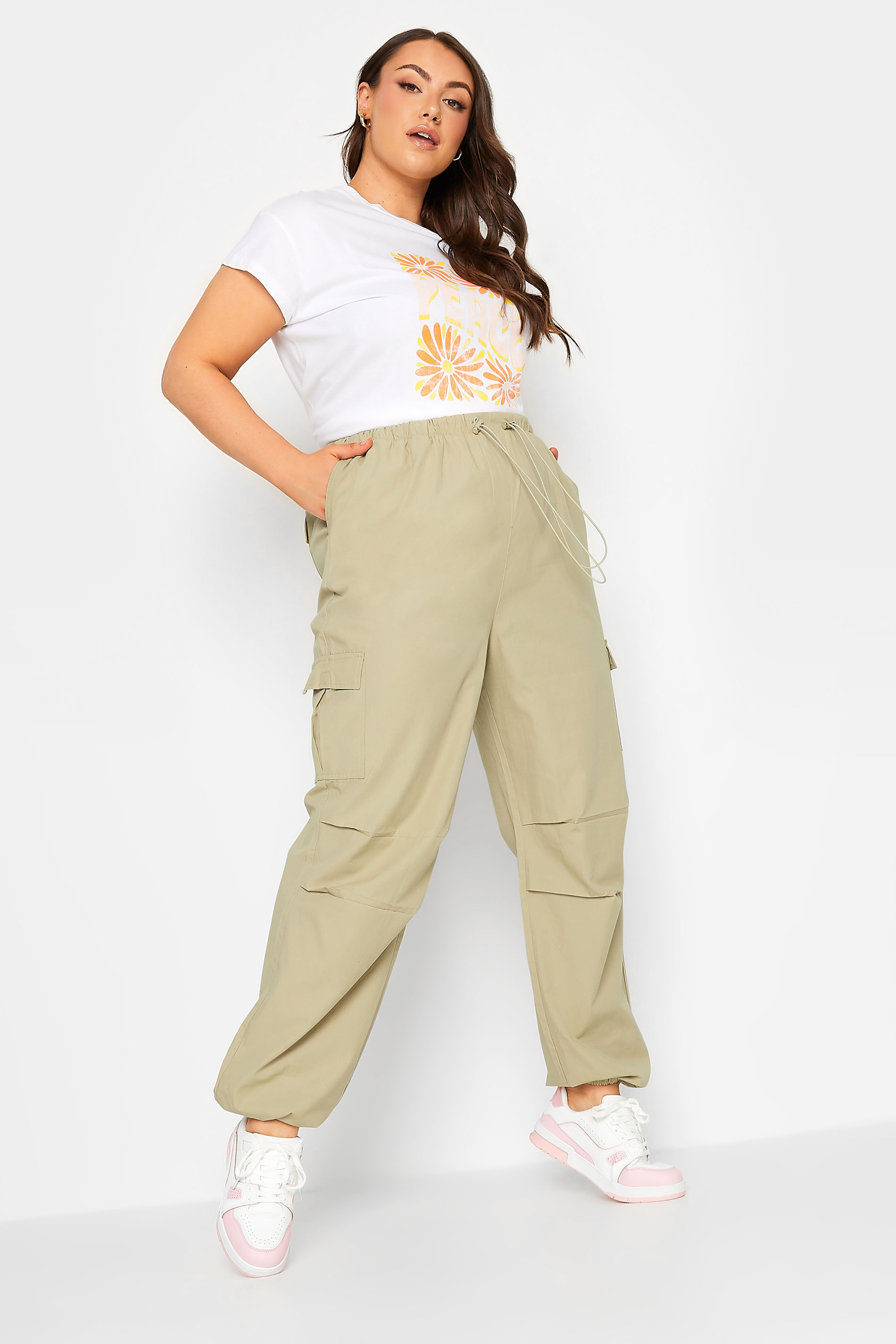 YOURS Curve Plus Size Stone Brown Cuffed Cargo Parachute Trousers | Yours Clothing  2