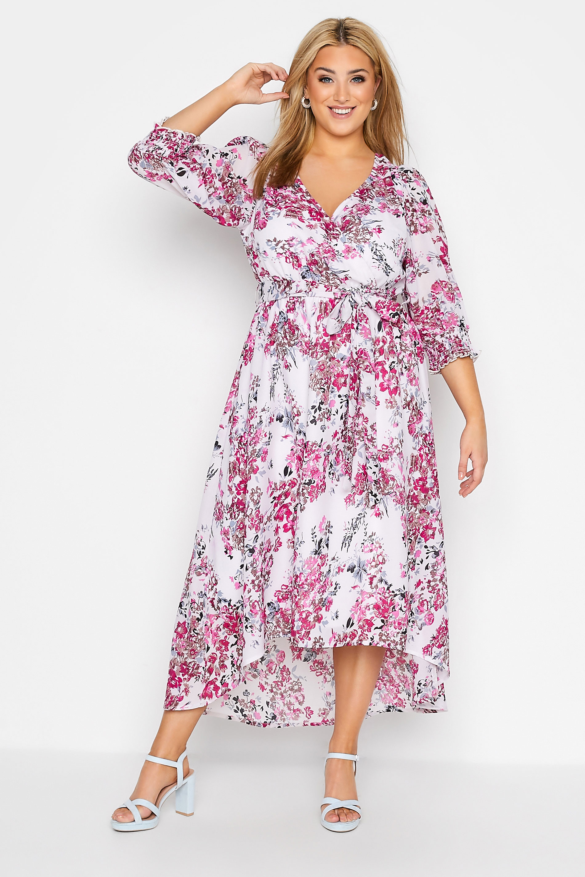 Robes Grande Taille Grande taille  Robes Portefeuilles | YOURS LONDON - Robe Blanche Cache-Coeur Design Floral - JN79416