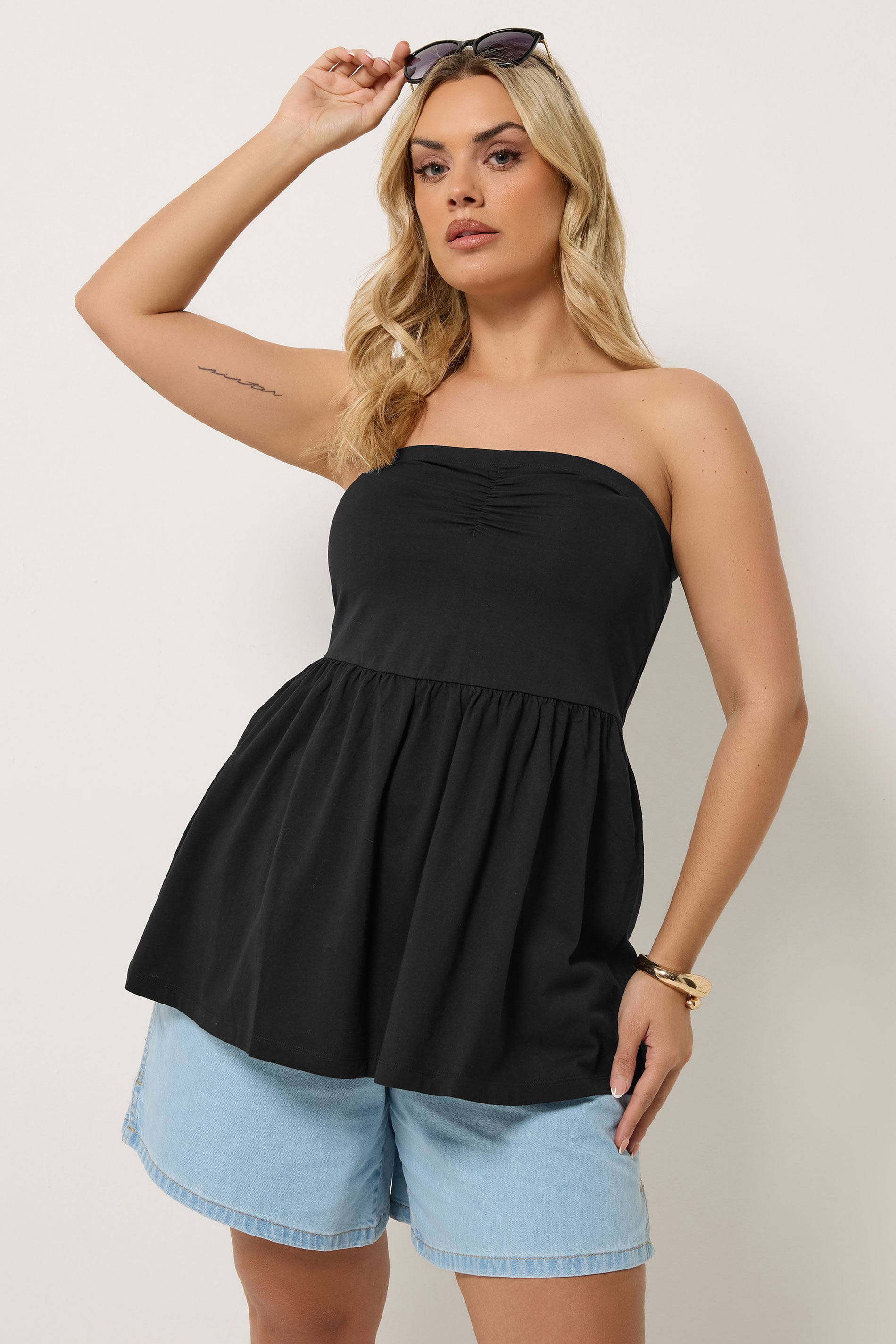 YOURS Plus Size Black Peplum Bandeau Top | Yours Clothing 3