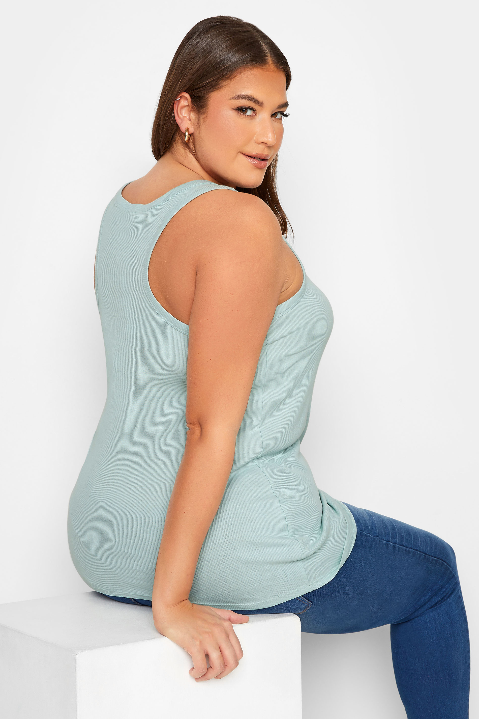 YOURS Curve Plus Size Mint Green Ribbed Racer Back Vest Top | Yours Clothing  1
