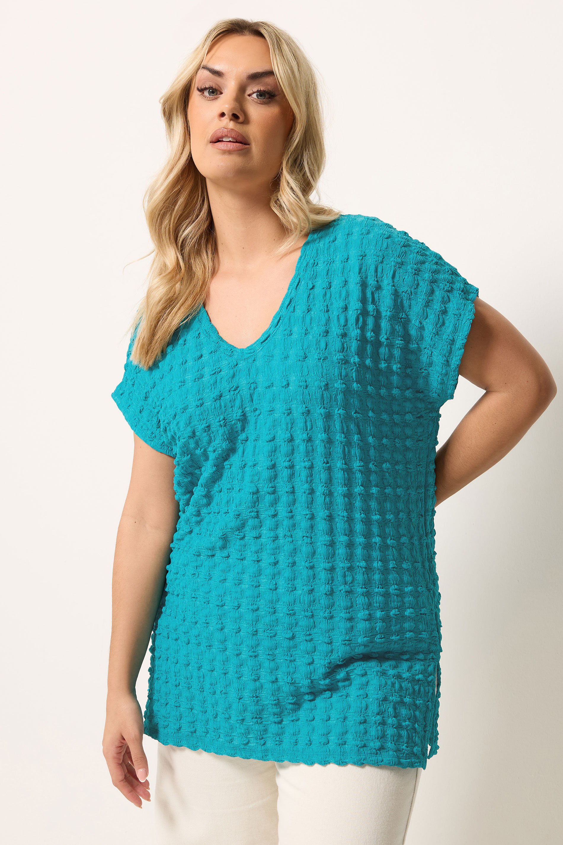 YOURS Plus Size Teal Blue Bubble Textured T-Shirt | Yours Clothing 3