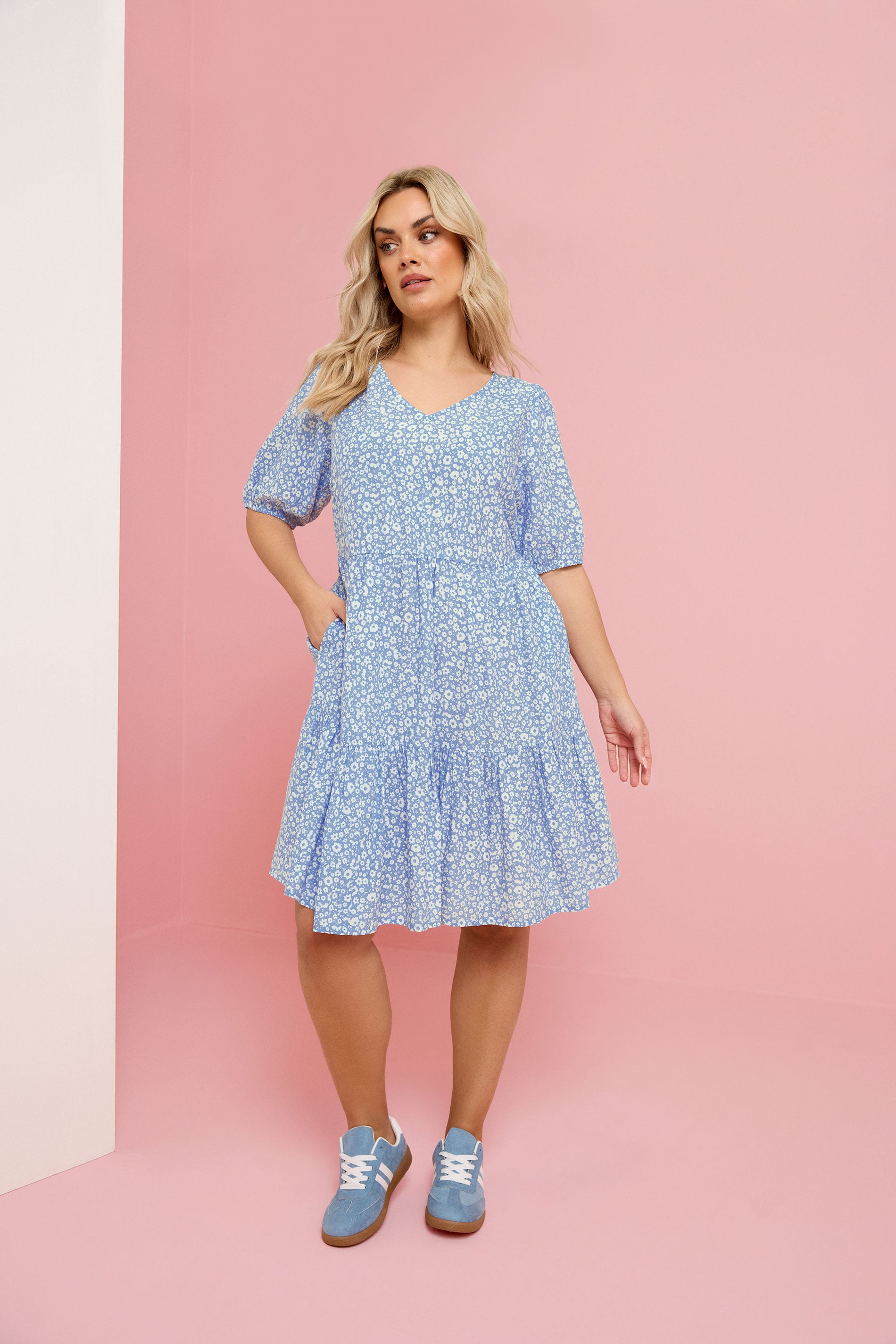 YOURS Plus Size Blue Ditsy Tiered Smock Dress 1