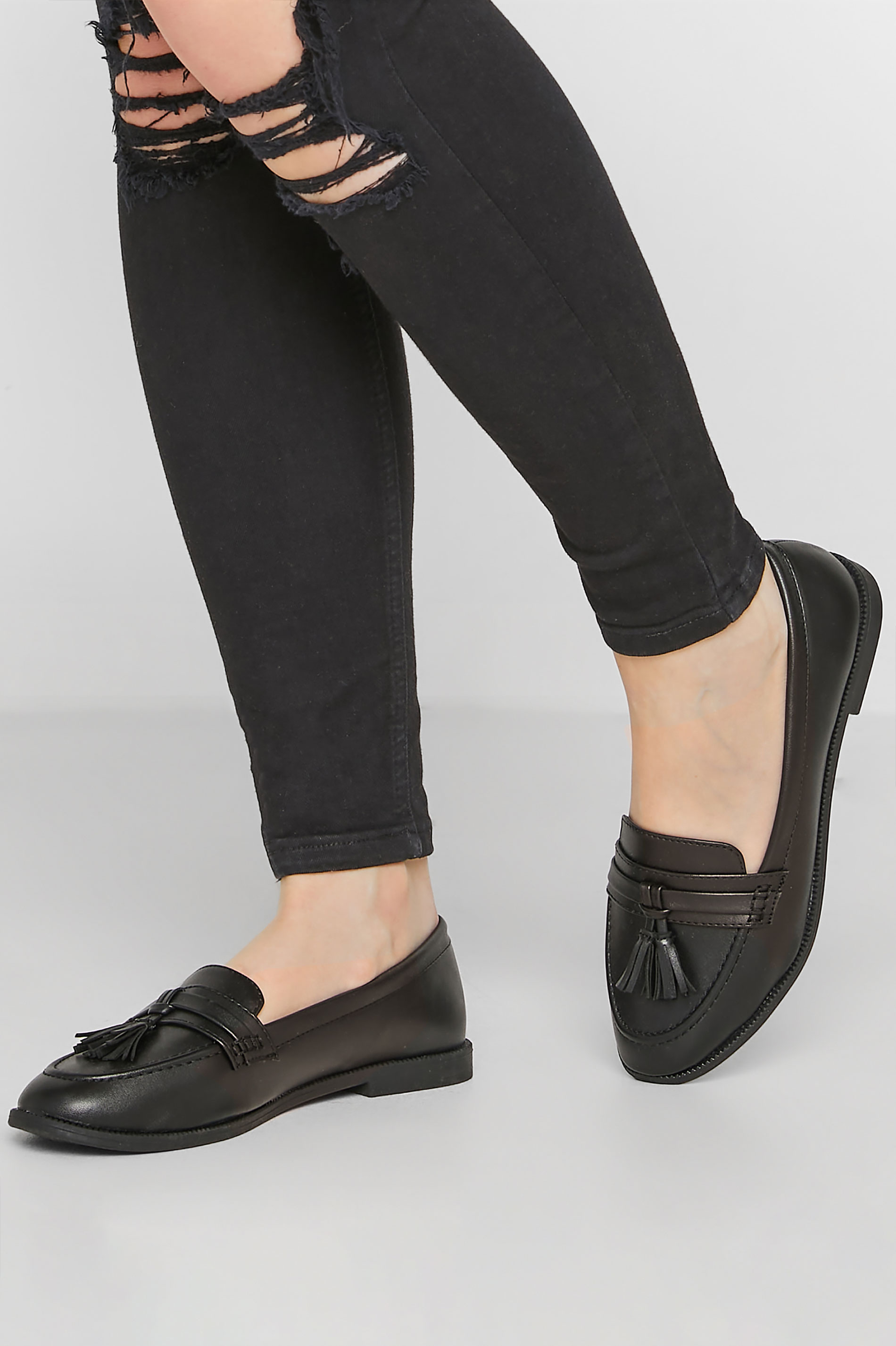 Black Faux Leather Tassel Loafers In Standard D Fit | PixieGirl 1