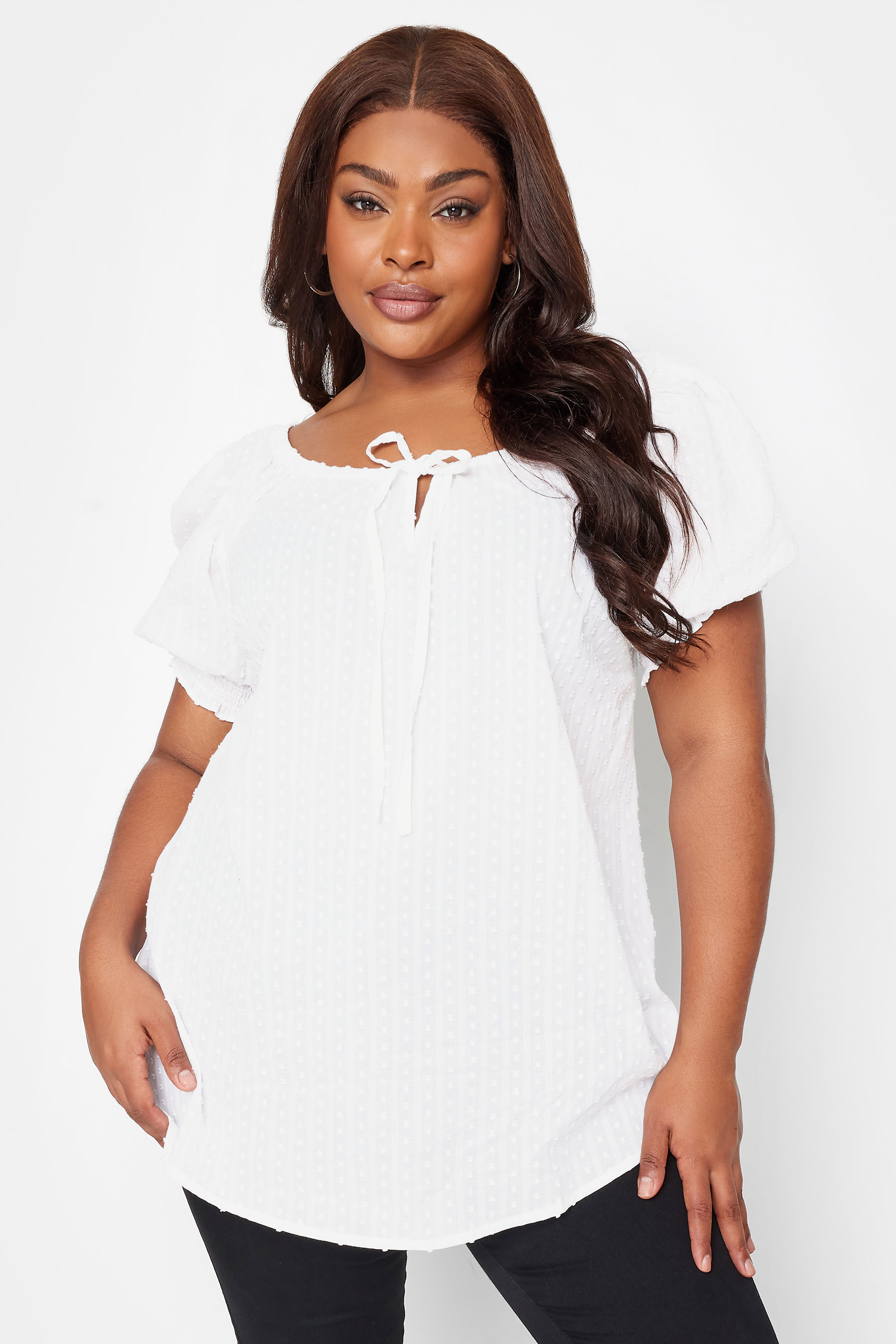 YOURS Plus Size White Dobby Gypsy Top | Yours Clothing 1