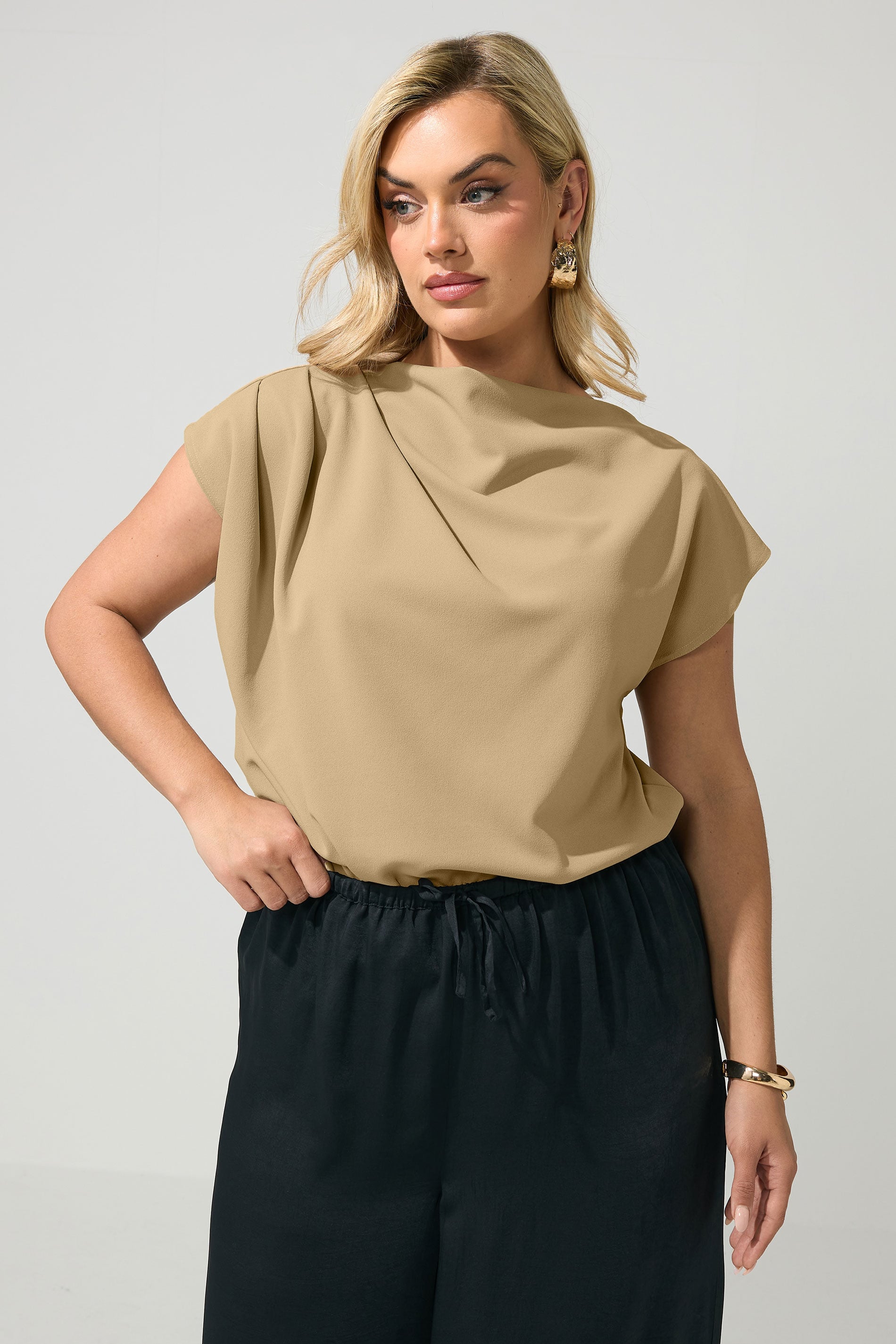YOURS LONDON Plus Size Natural Brown Drape Shoulder Top | Yours Clothing 1